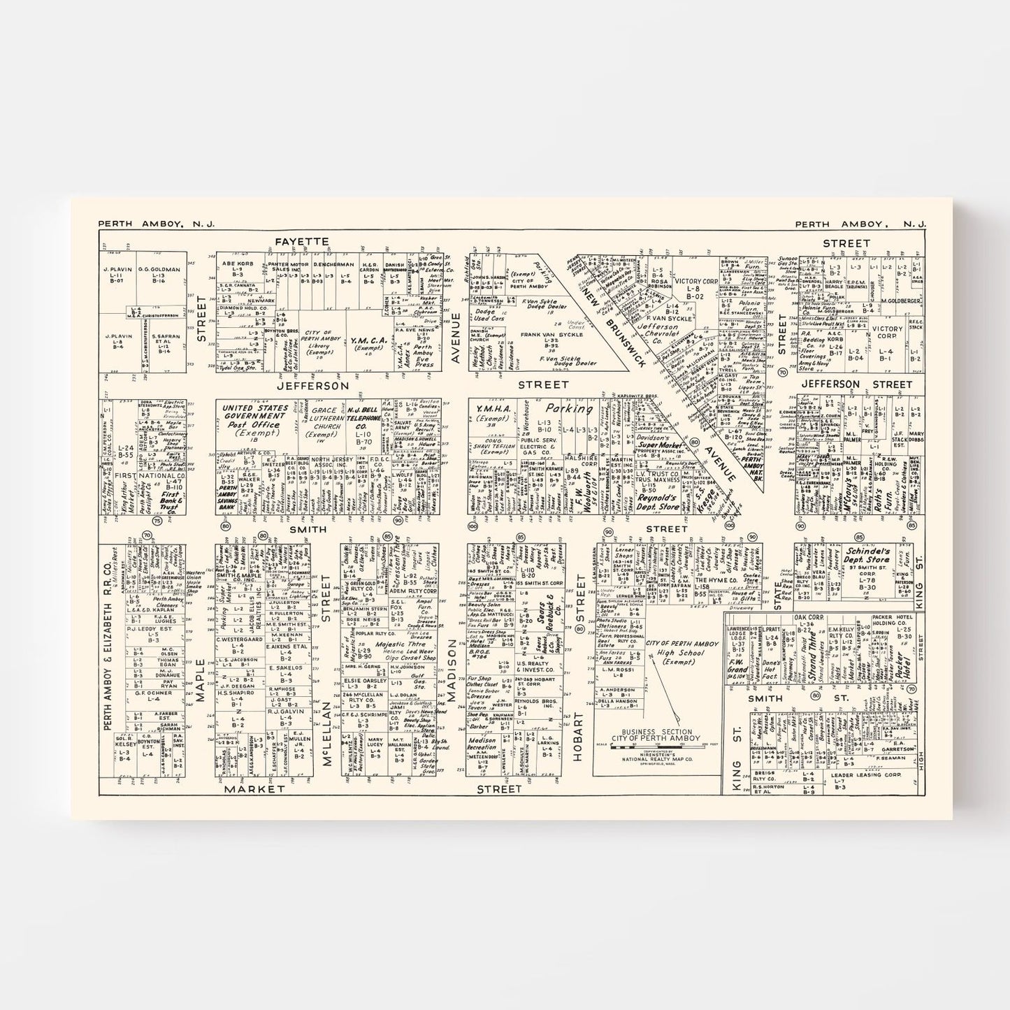 Vintage Map of Perth Amboy, New Jersey Business Section, 1947
