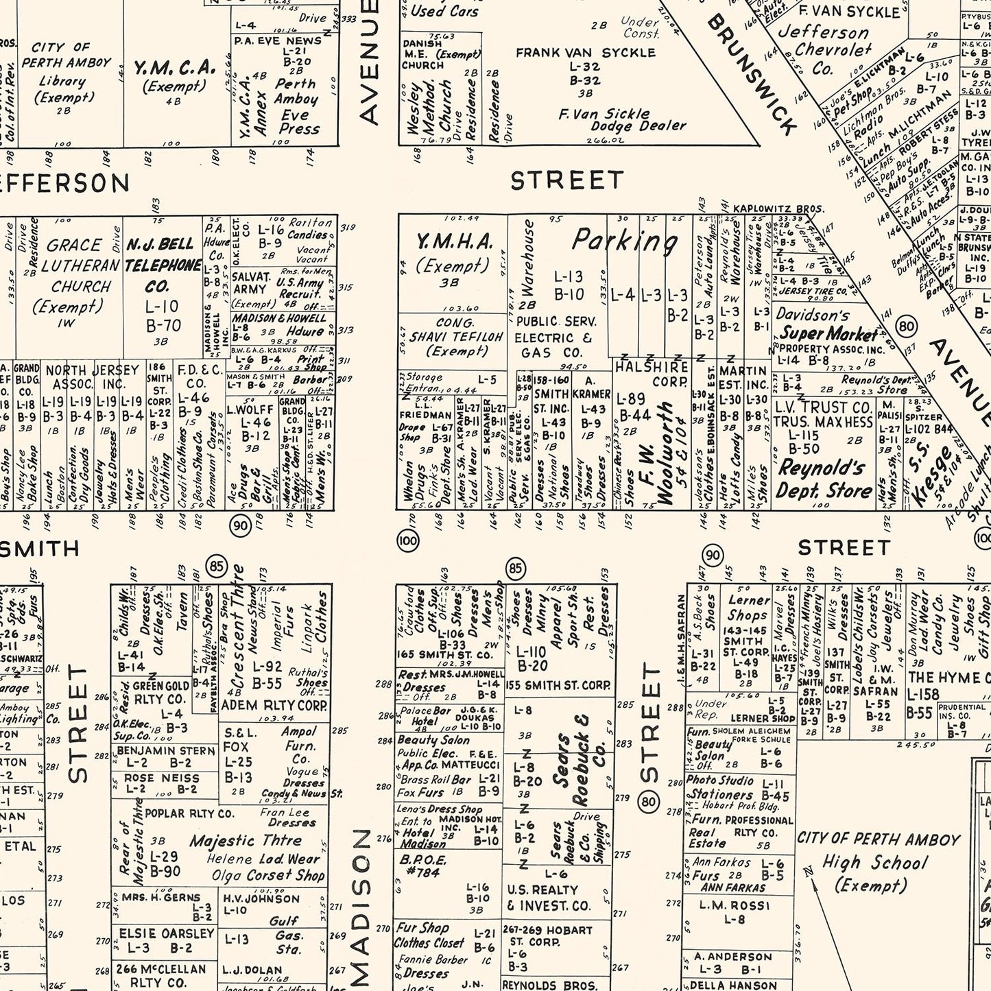 Vintage Map of Perth Amboy, New Jersey Business Section, 1947