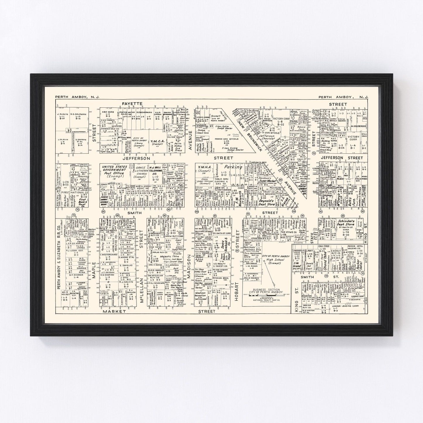 vintage map of Perth Amboy, New Jersey business section, 1947