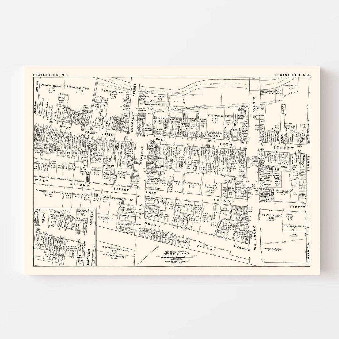Vintage Map of Plainfield, New Jersey Business Section, 1947
