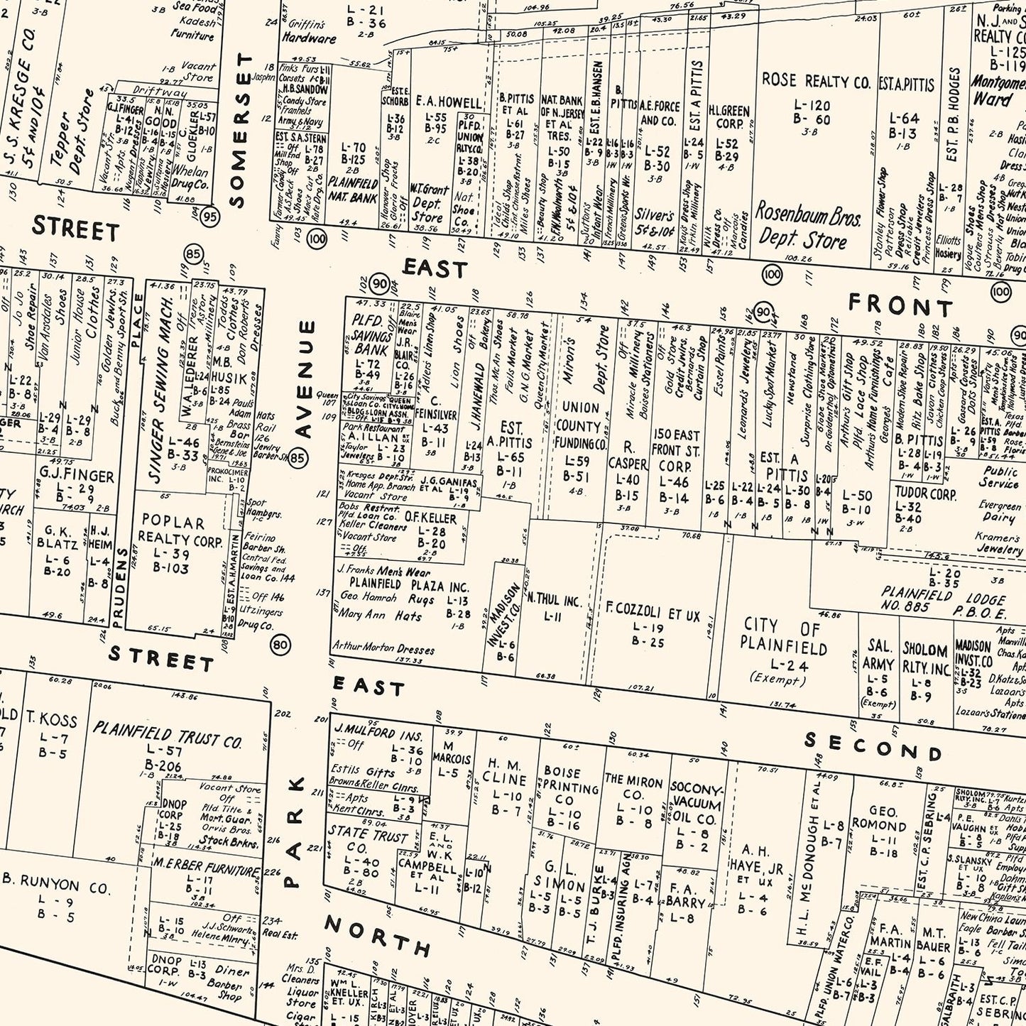 Vintage Map of Plainfield, New Jersey Business Section, 1947