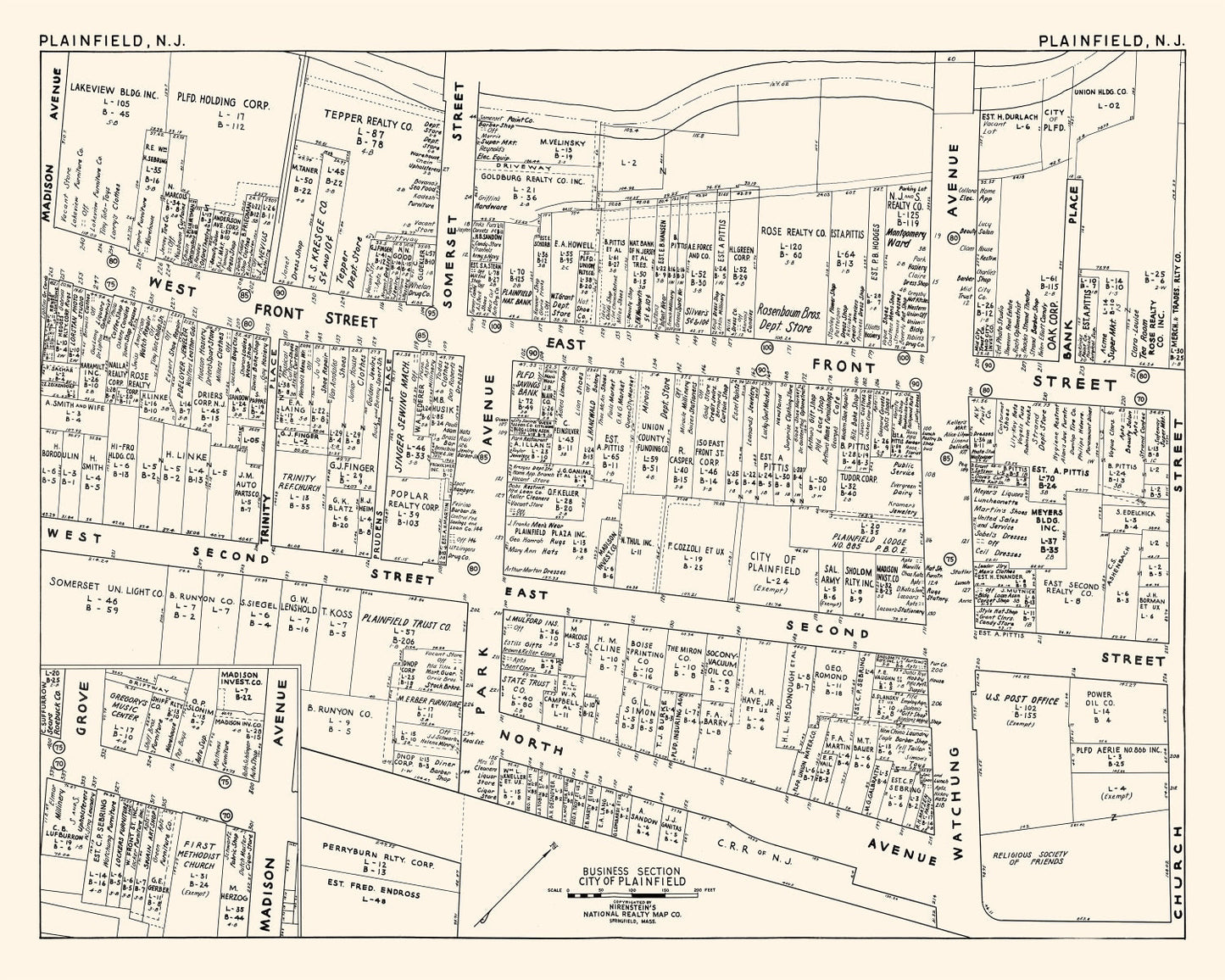 Vintage Map of Plainfield, New Jersey Business Section, 1947
