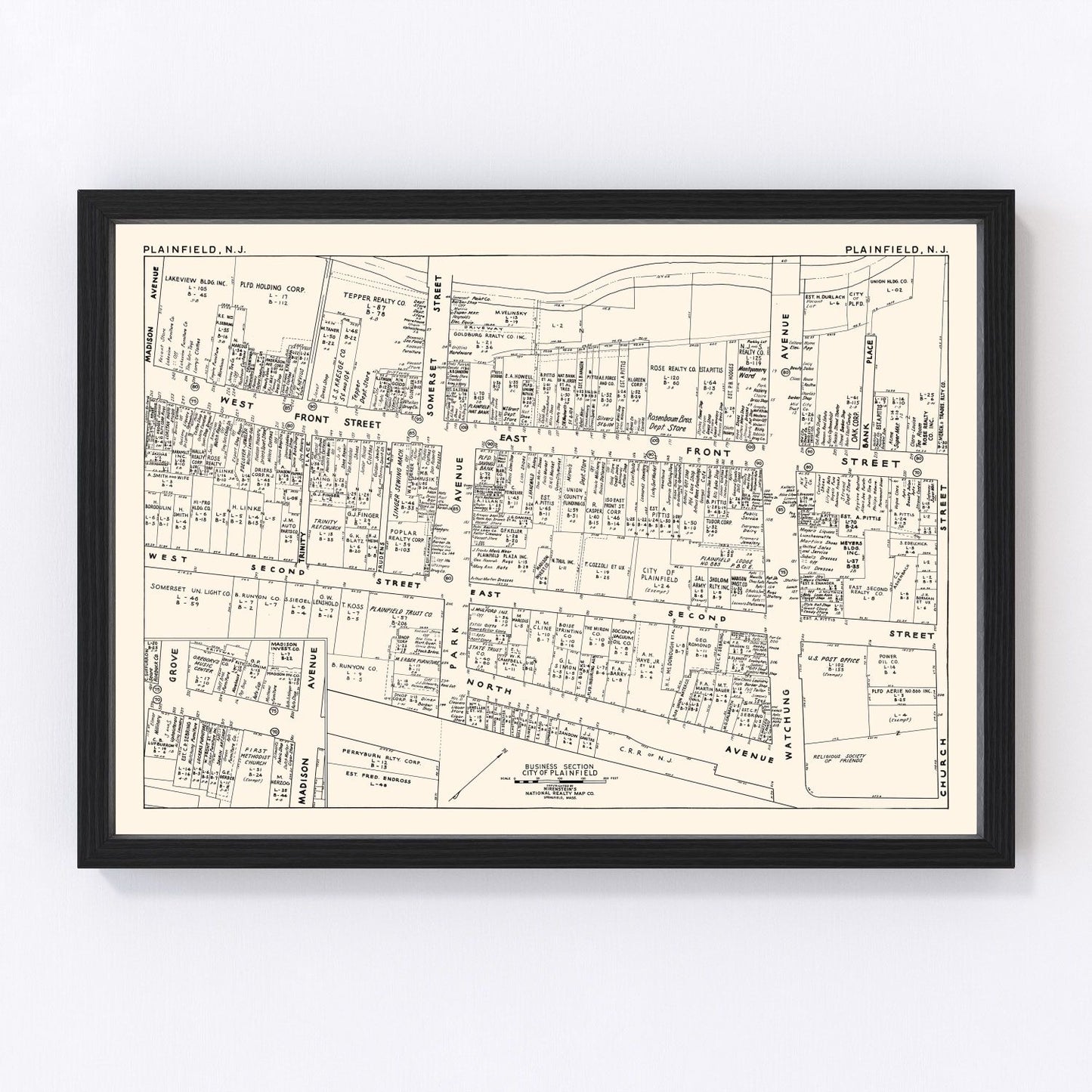 vintage map of Plainfield, New Jersey business section, 1947