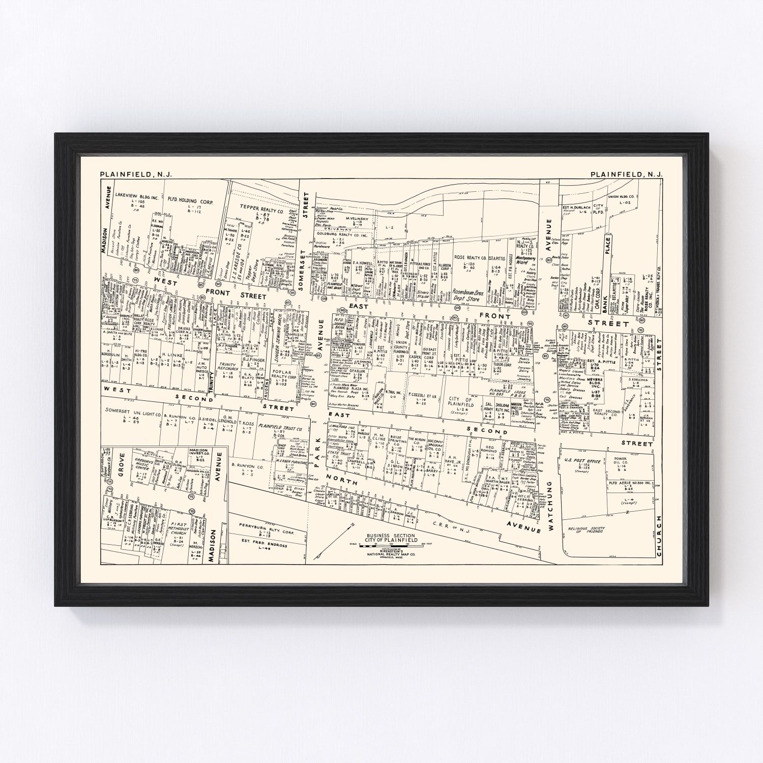 vintage map of Plainfield, New Jersey business section, 1947