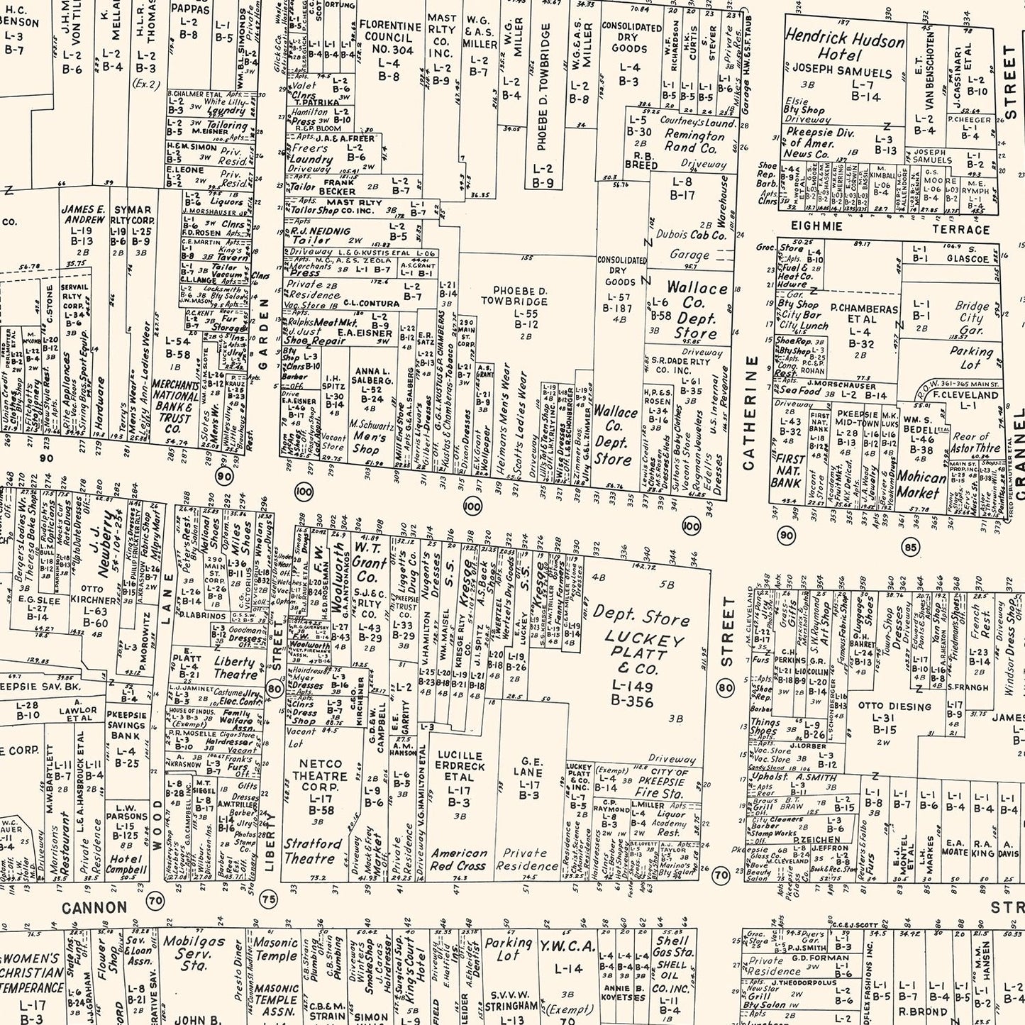Vintage Map of Poughkeepsie, NY Business Section, 1947