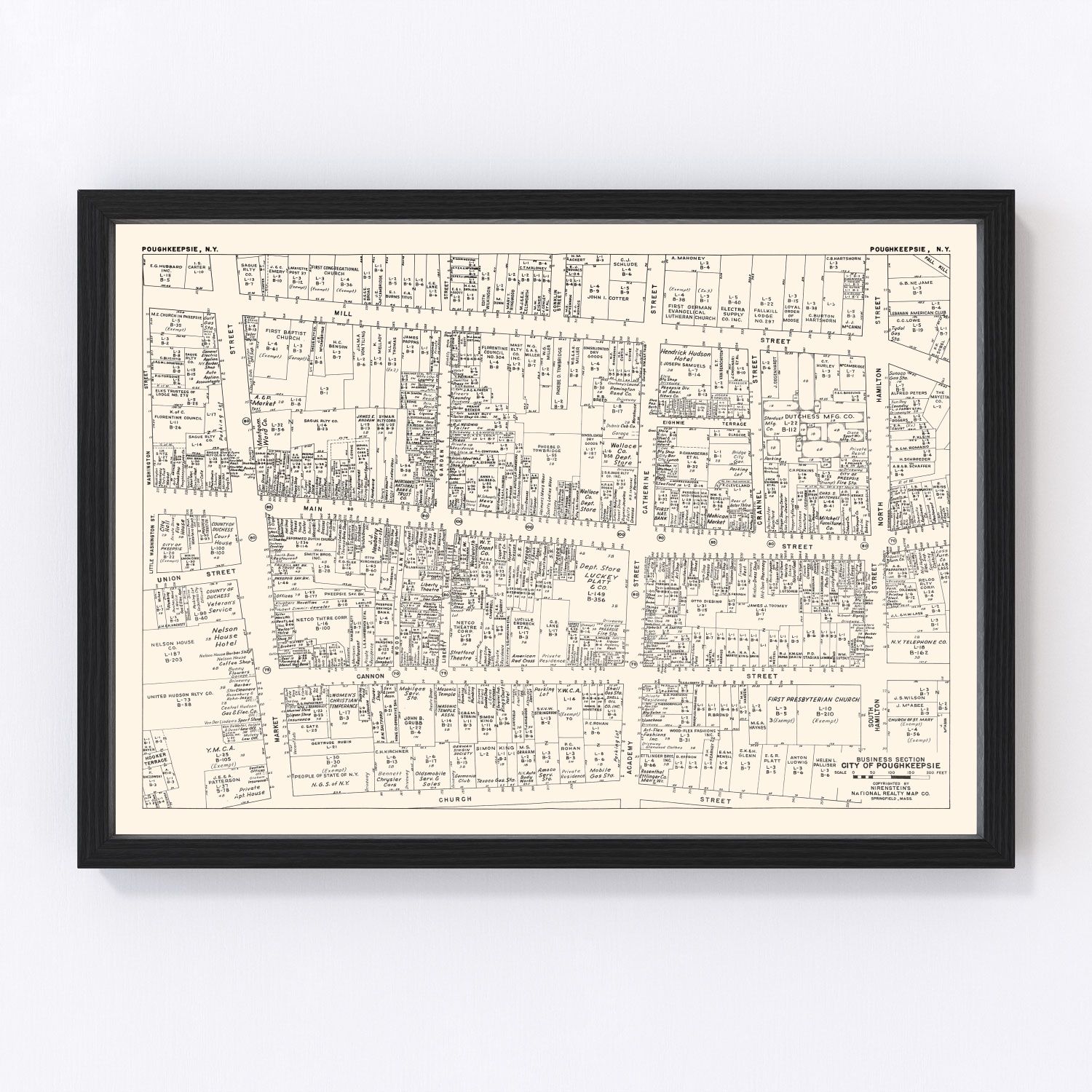 Vintage map of Poughkeepsie New York business section, 1947