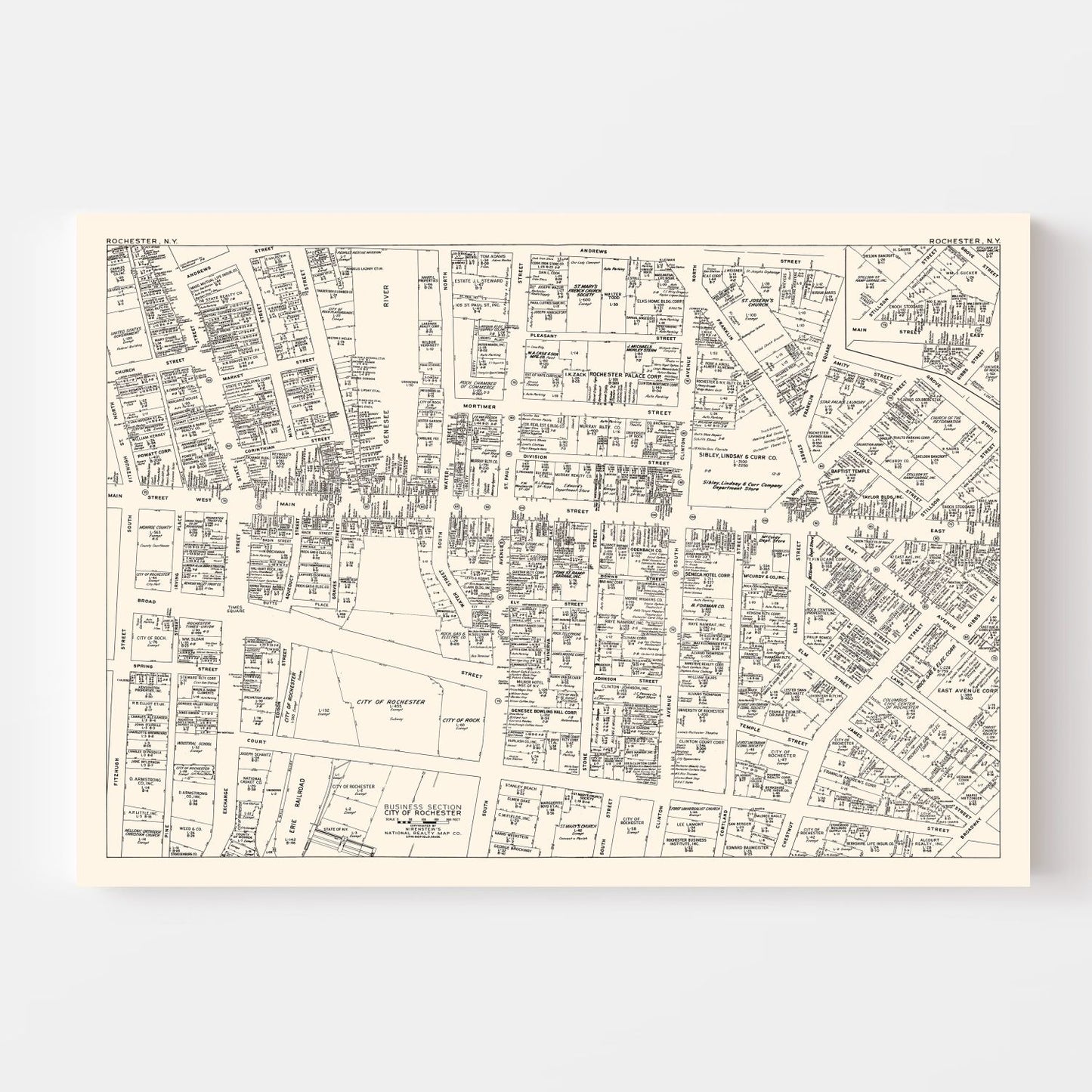Vintage Map of Rochester, New York Business Section, 1947