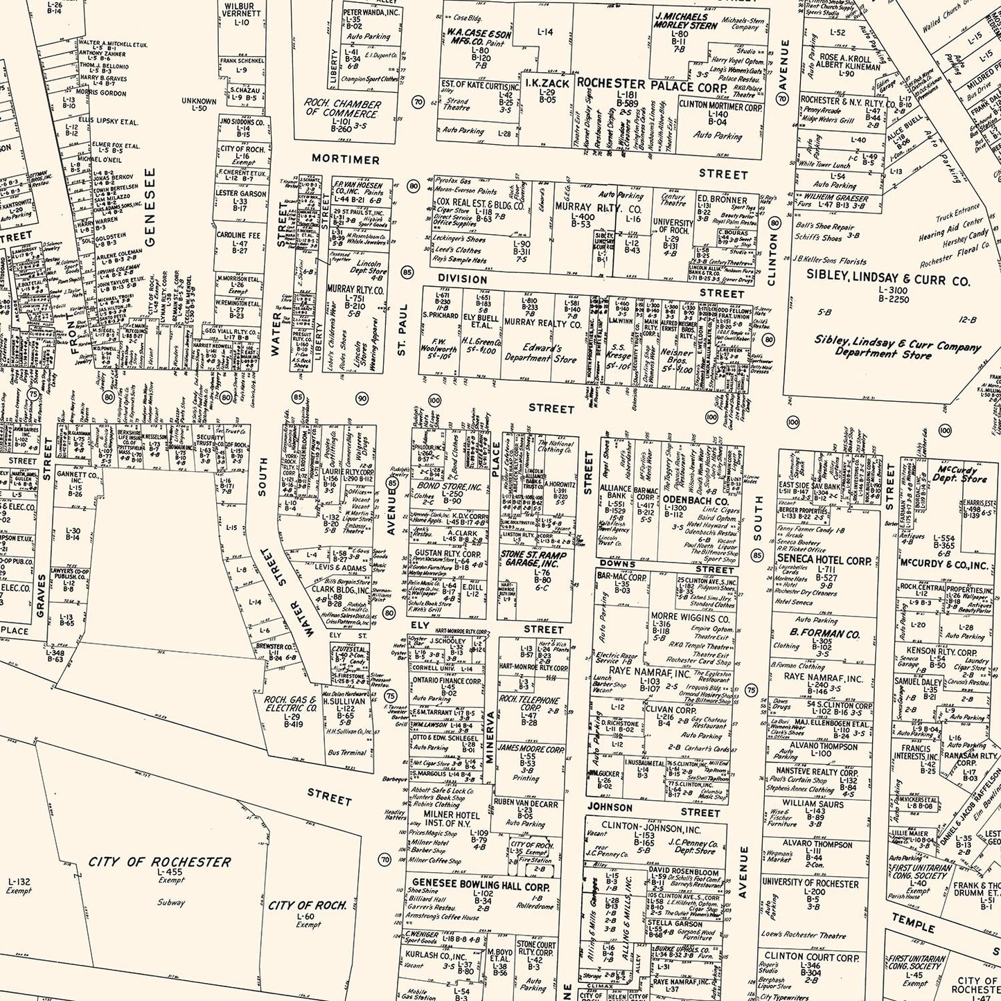 Vintage Map of Rochester, New York Business Section, 1947