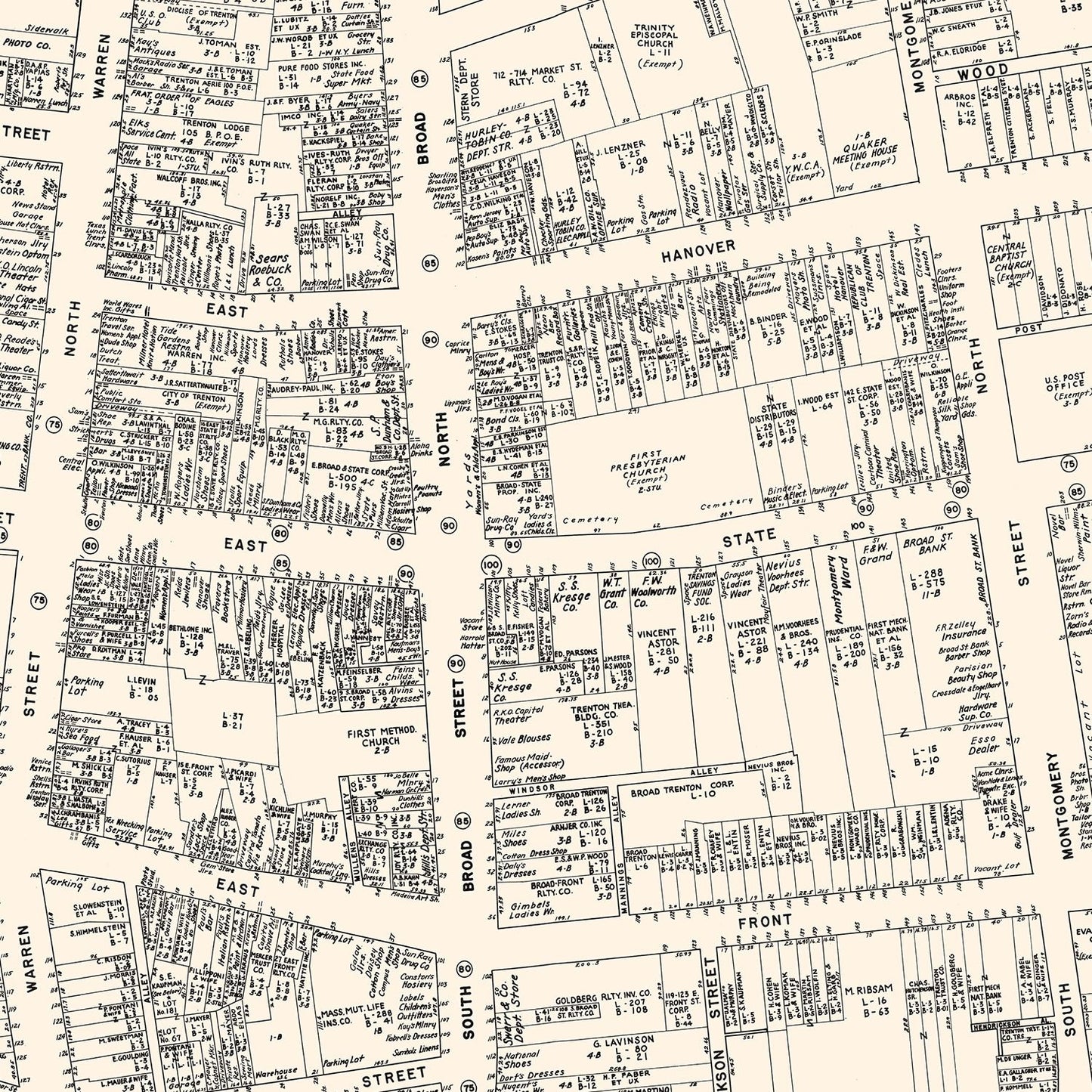 Vintage Map of Trenton, New Jersey Business Section, 1947