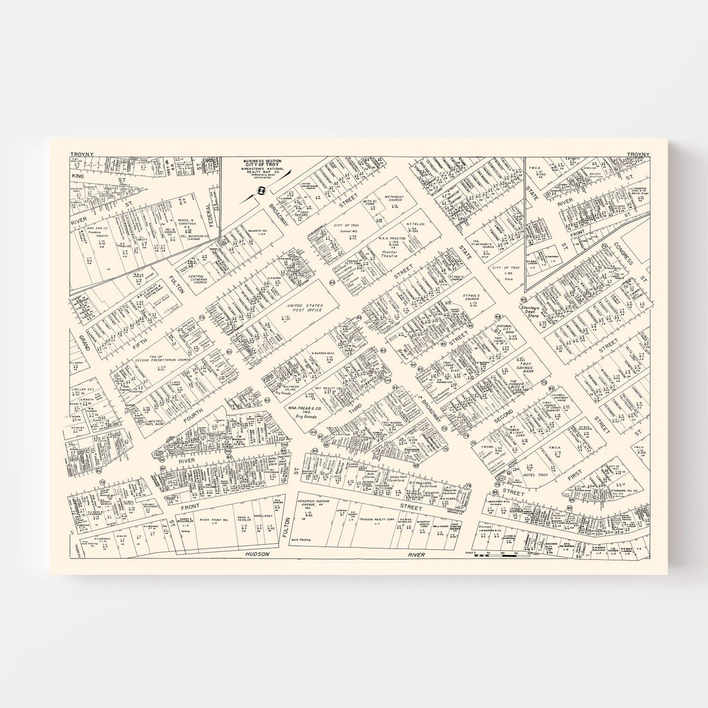 Vintage Map of Troy, New York Business Section, 1947