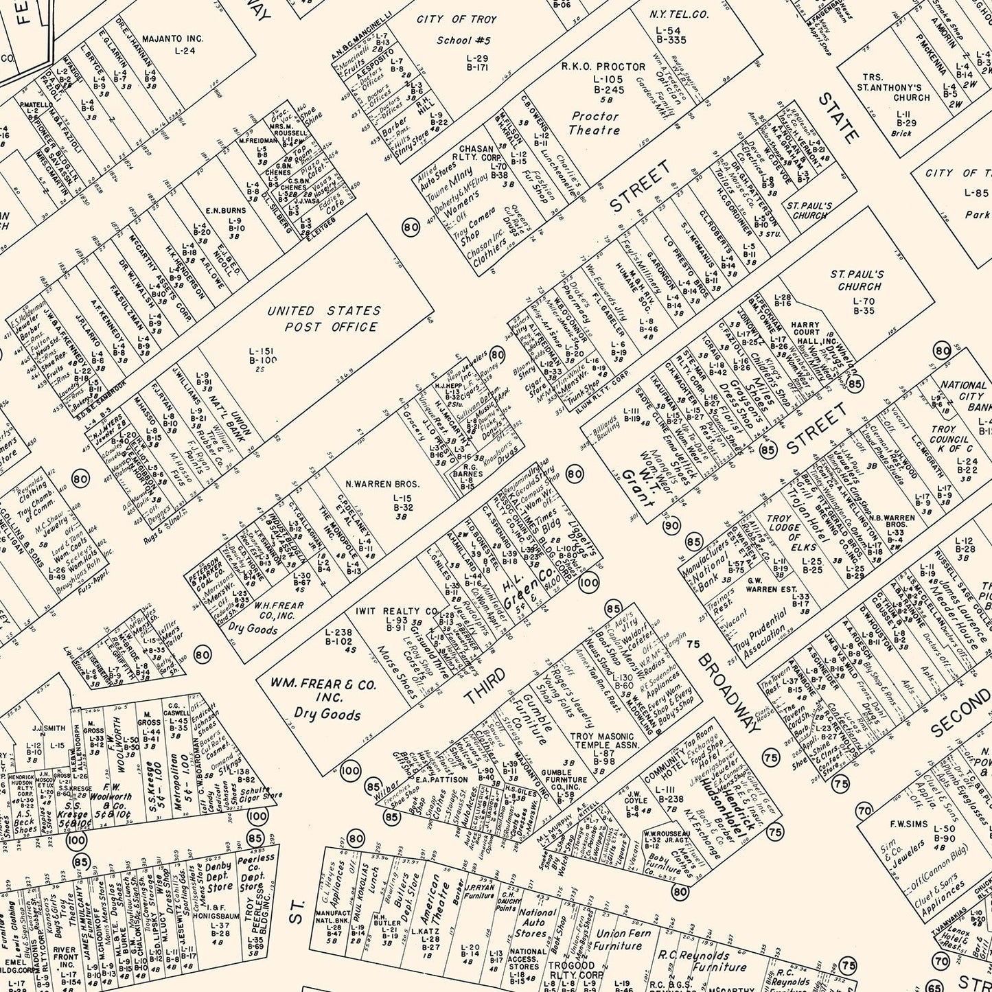 Vintage Map of Troy, New York Business Section, 1947
