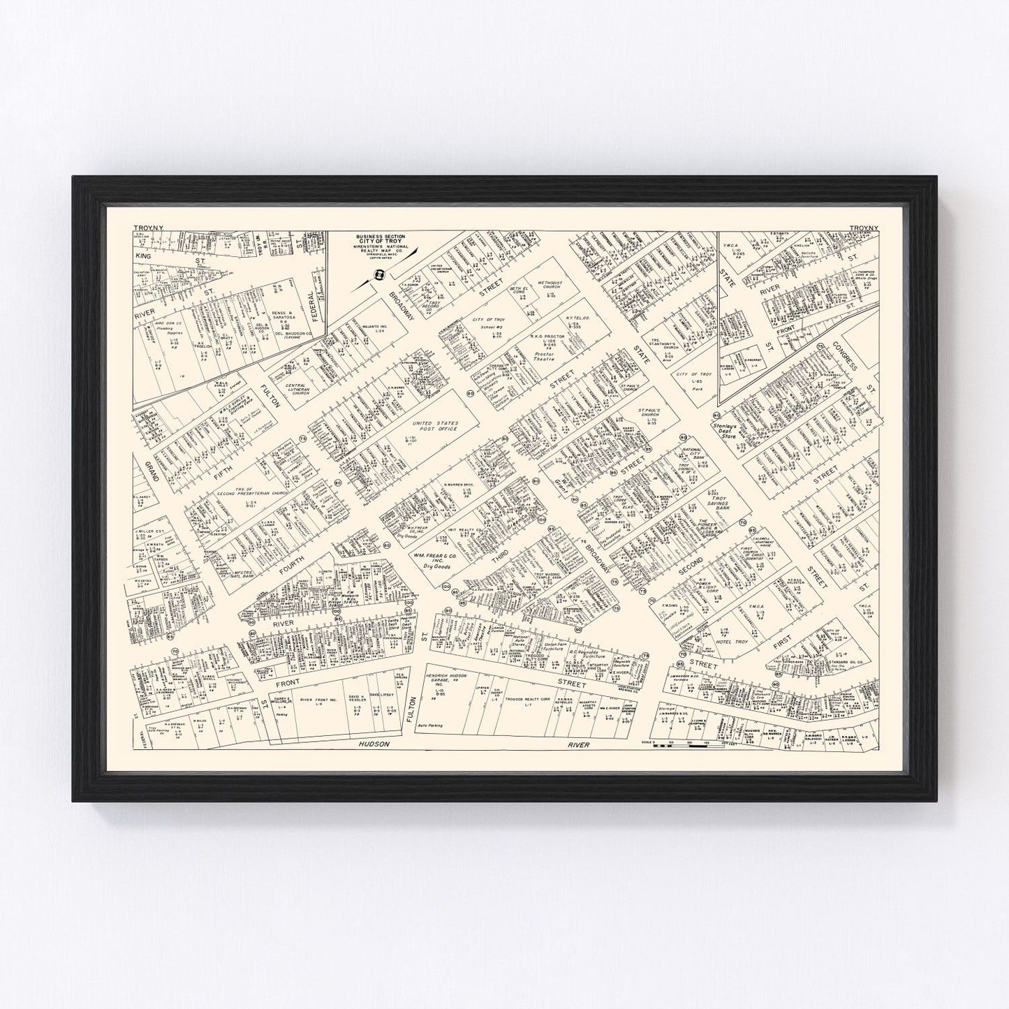 Vintage map of Troy, New York business section, 1947