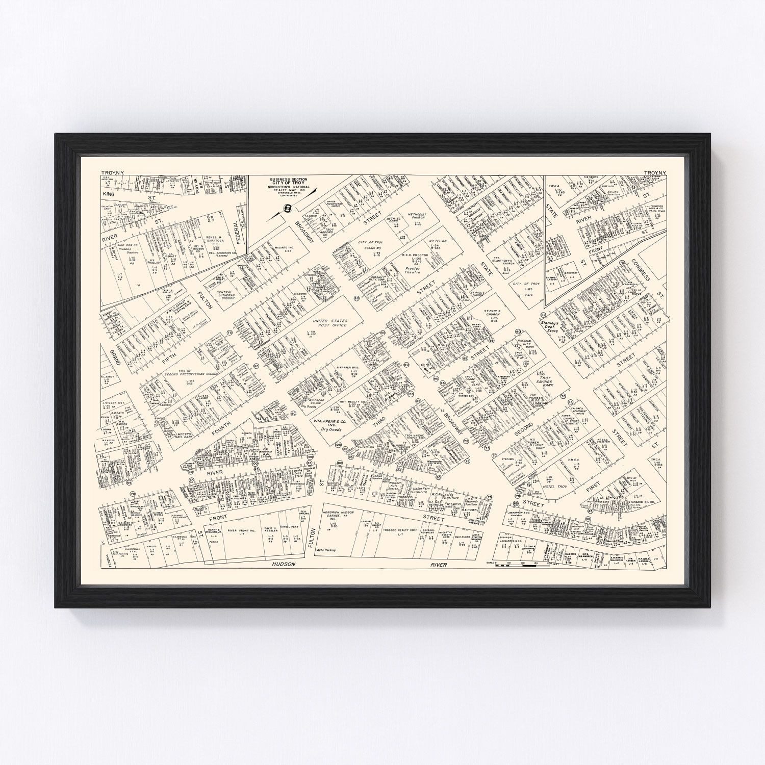 Vintage map of Troy, New York business section, 1947