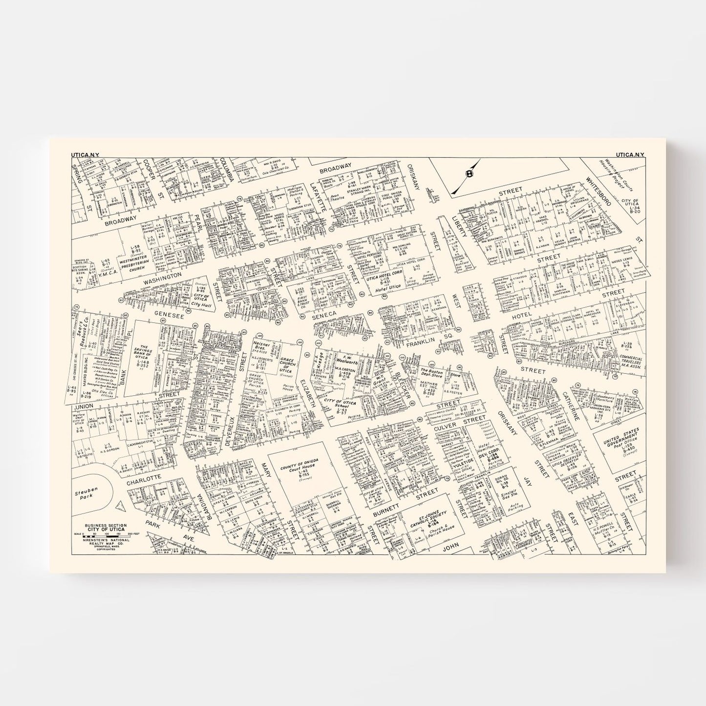 Vintage Map of Utica, New York Business Section, 1947