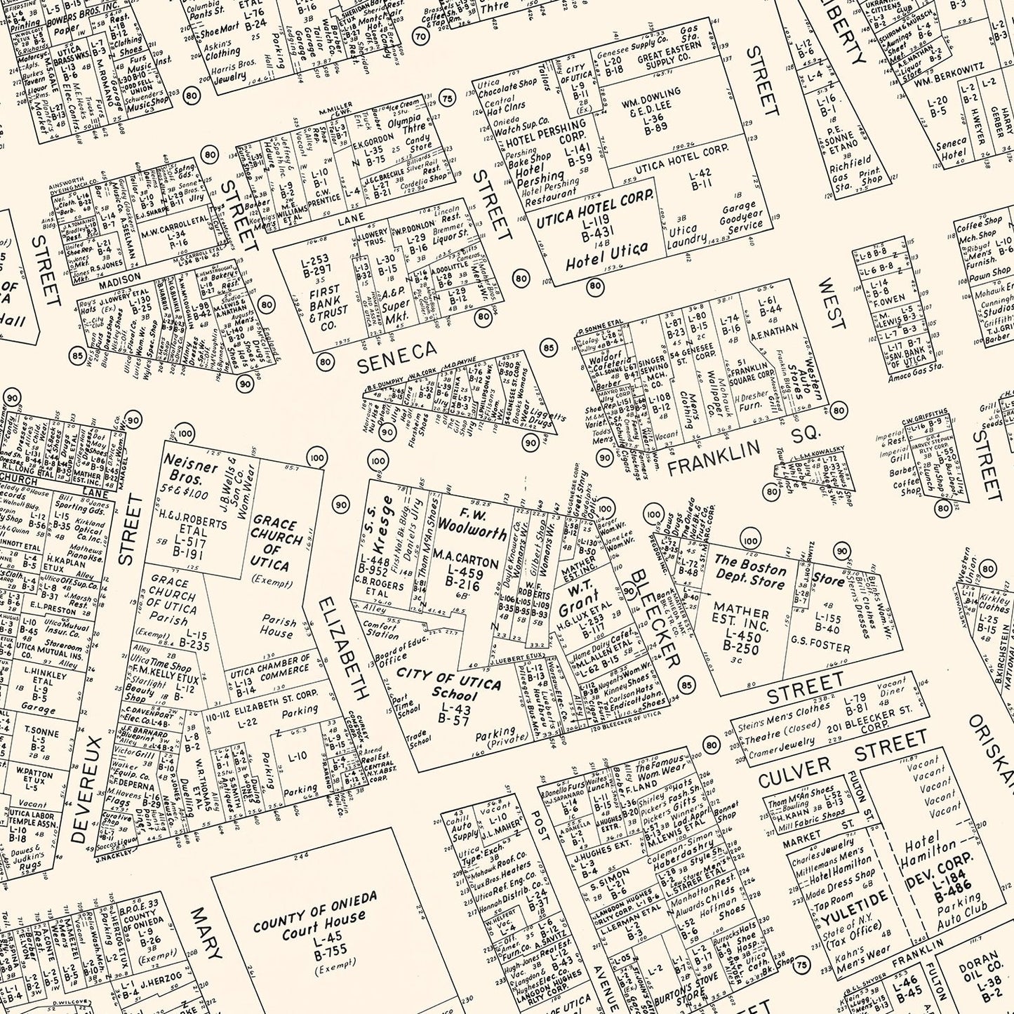 Vintage Map of Utica, New York Business Section, 1947