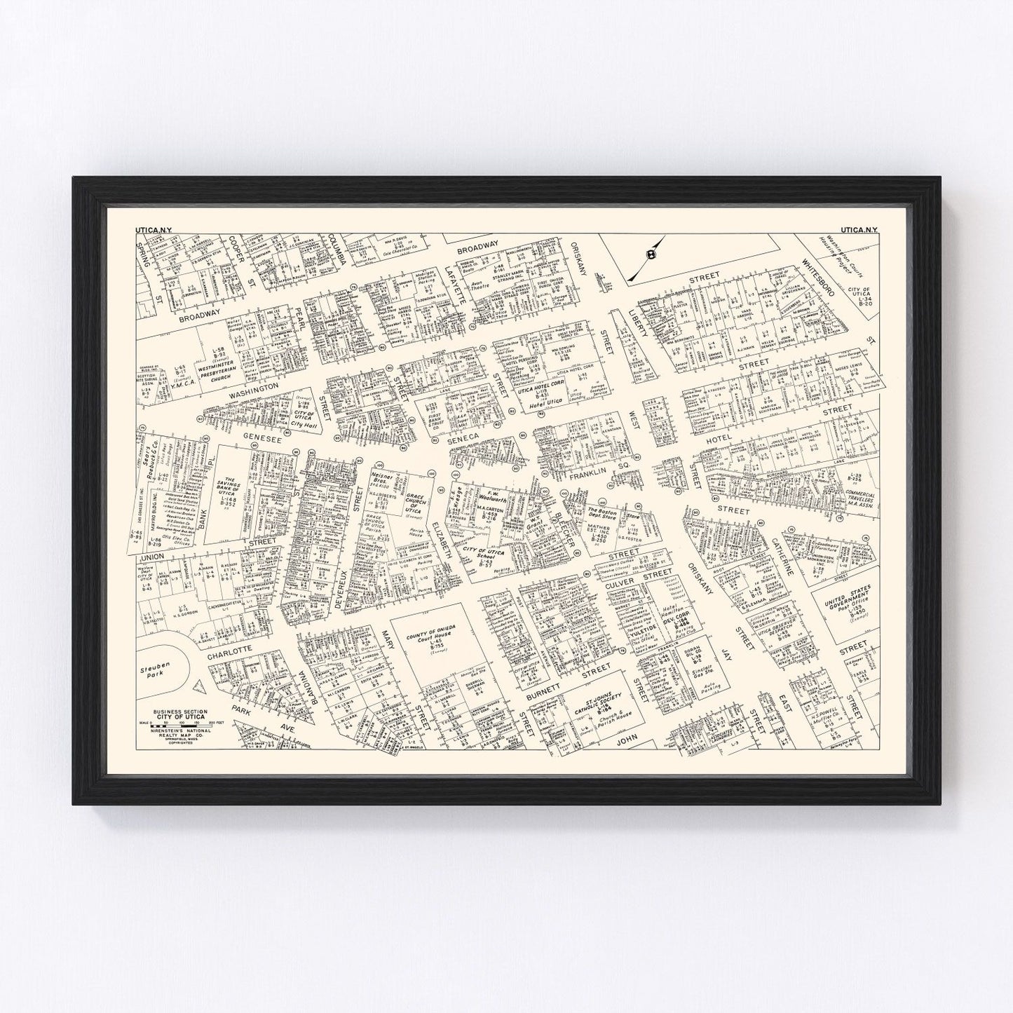 Vintage map of Utica, New York business section, 1947
