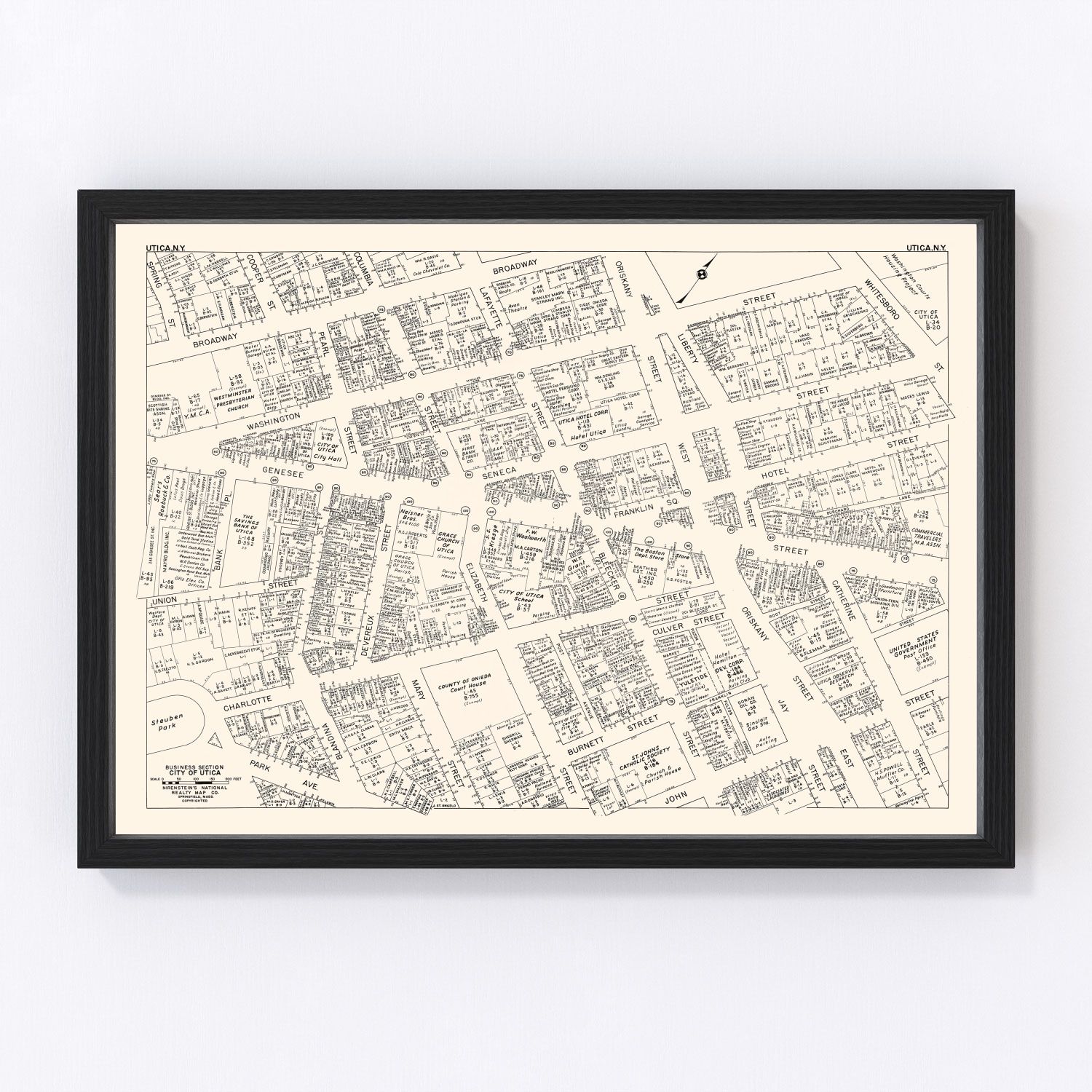 Vintage map of Utica, New York business section, 1947