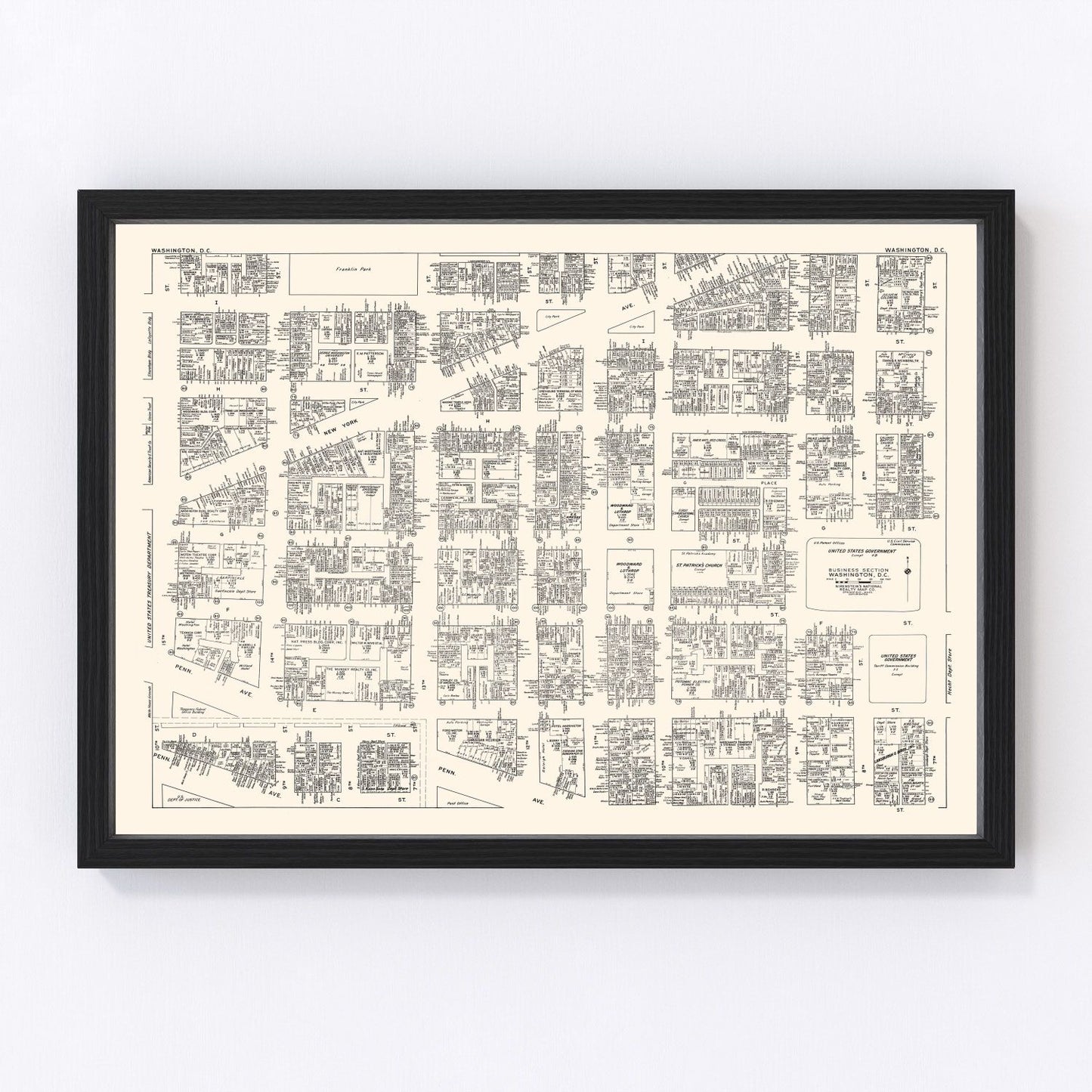 Vintage map of Washington DC business section, 1947 - downtown restored print