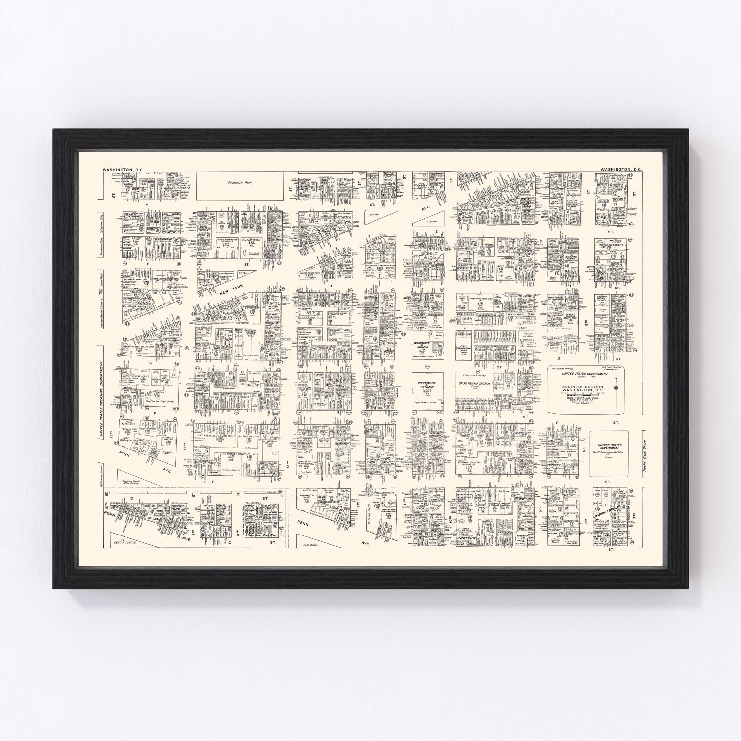 Vintage map of Washington DC business section, 1947 - downtown restored print