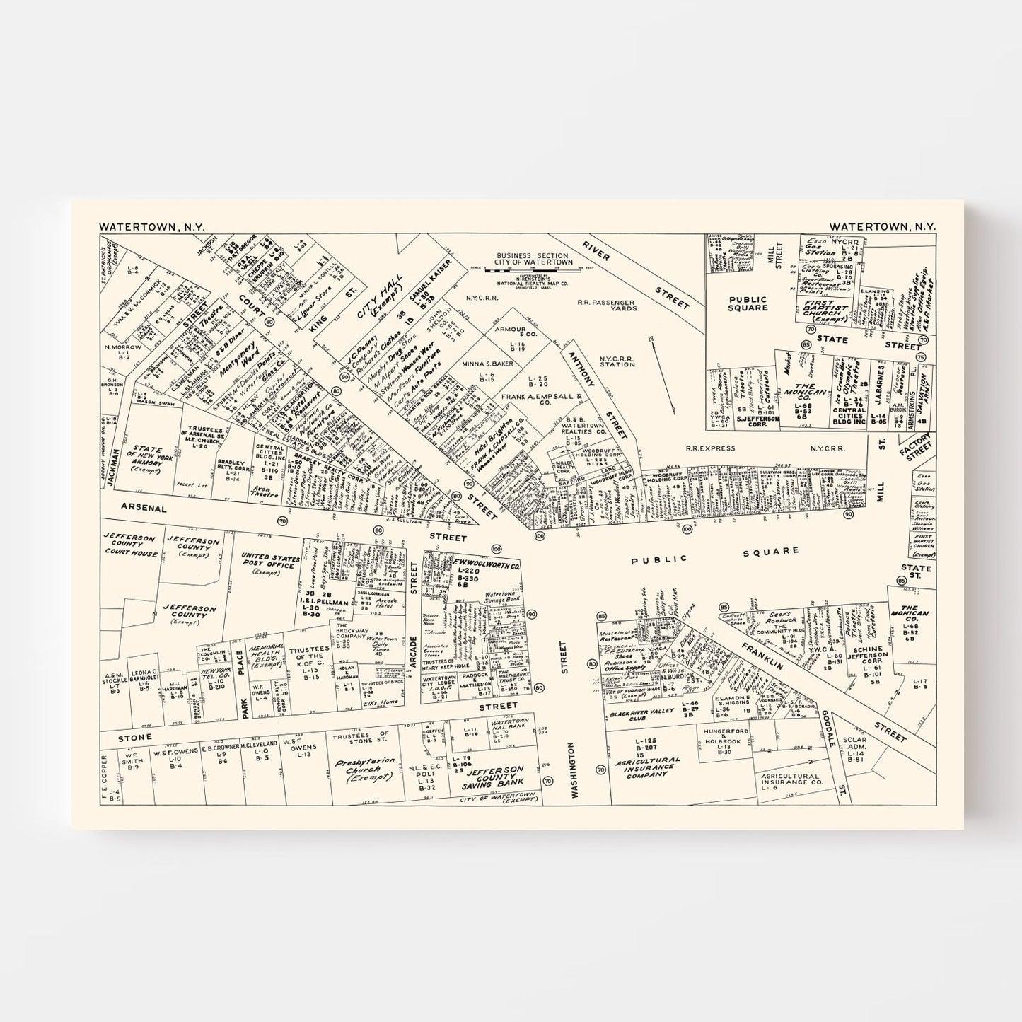 Vintage Map of Watertown, NY Business Section 1947