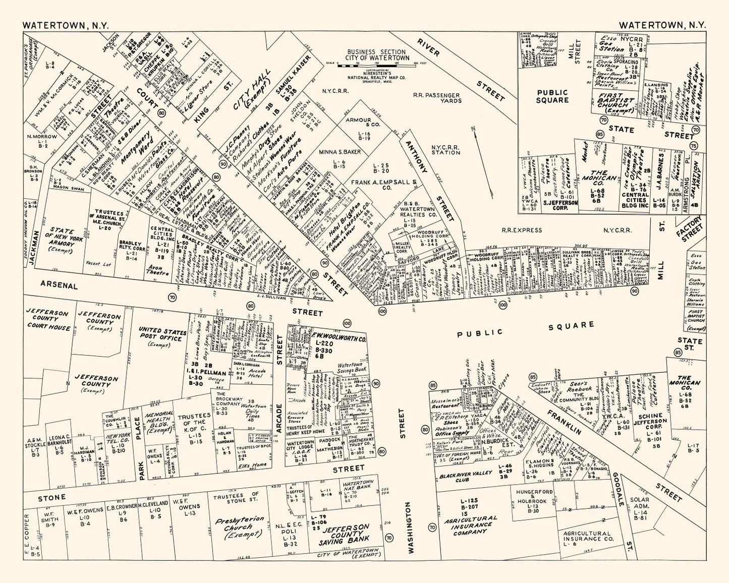 Vintage Map of Watertown, NY Business Section 1947