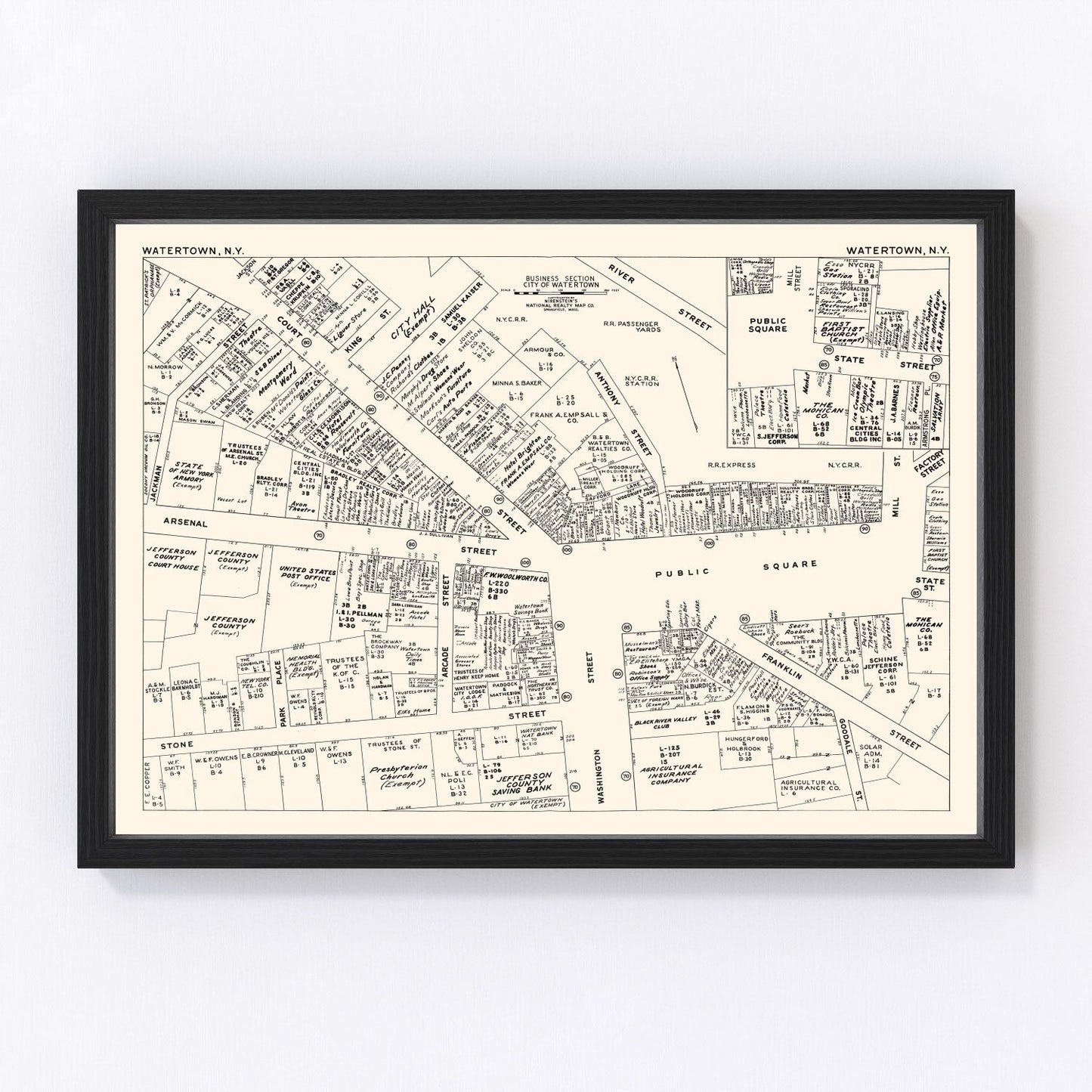 Vintage map of Watertown NY business section, 1947 - downtown Jefferson County print