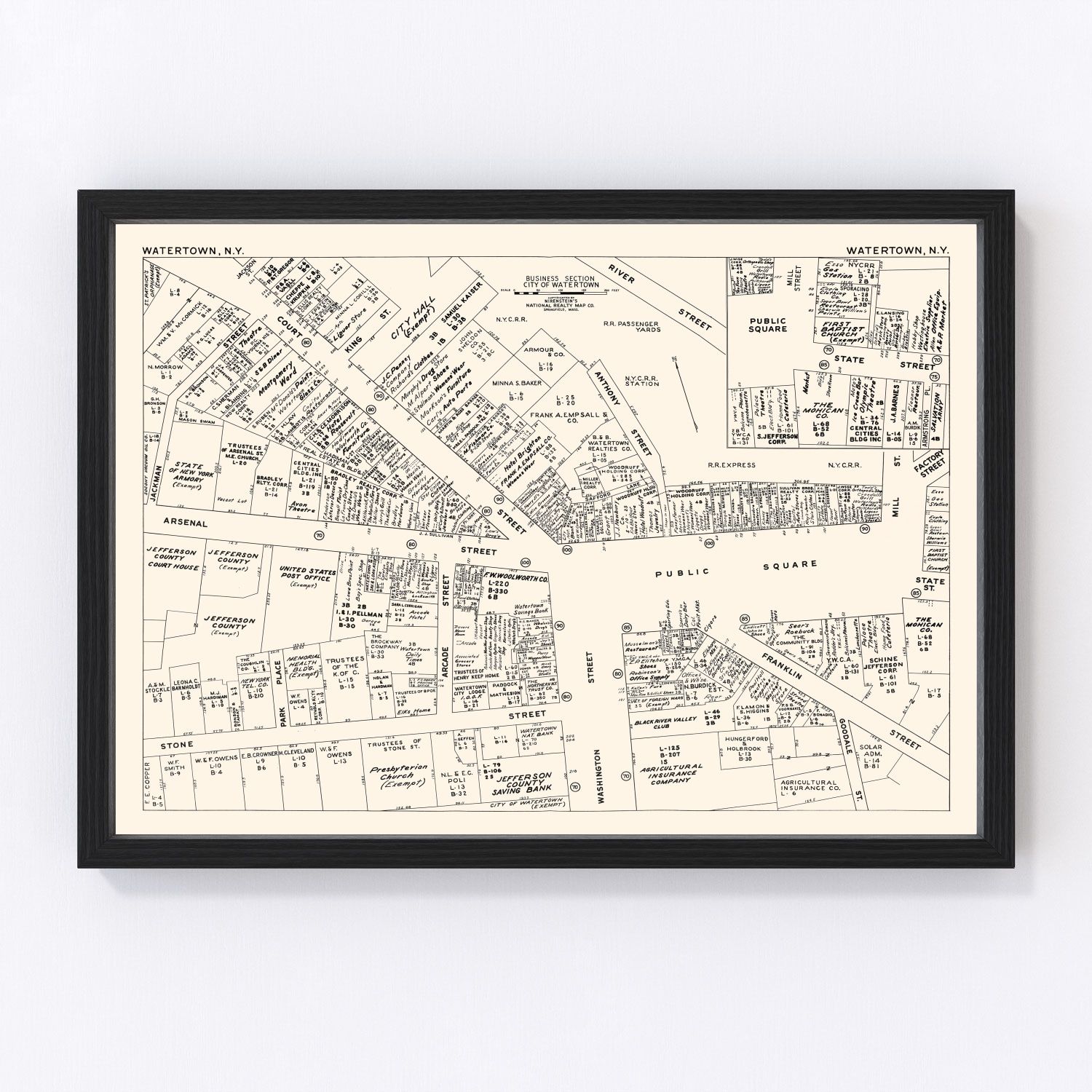 Vintage map of Watertown NY business section, 1947 - downtown Jefferson County print