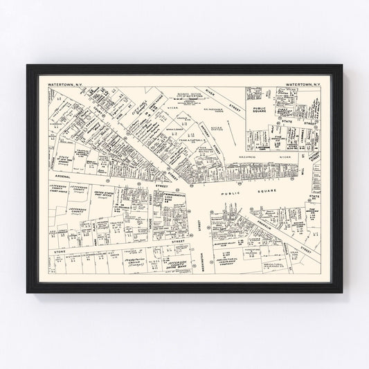 Vintage map of Watertown NY business section, 1947 - downtown Jefferson County print