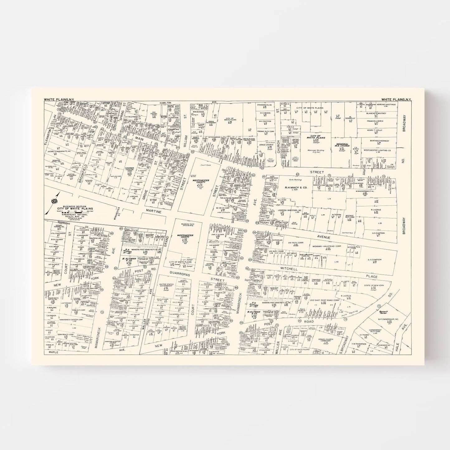 Vintage Map of White Plains, NY Business Section 1947