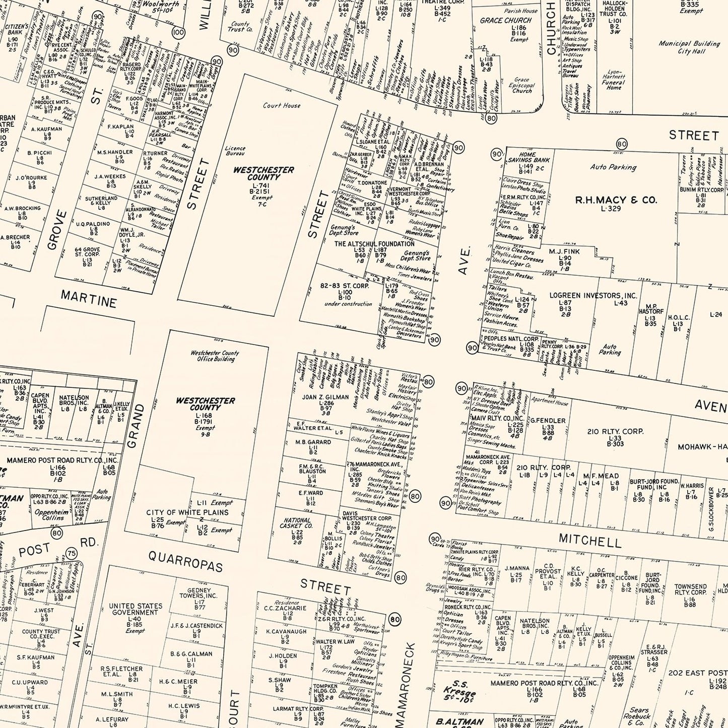 Vintage Map of White Plains, NY Business Section 1947