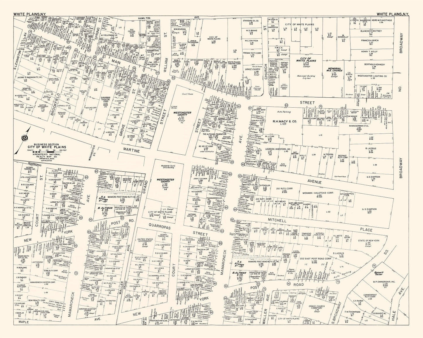 Vintage Map of White Plains, NY Business Section 1947