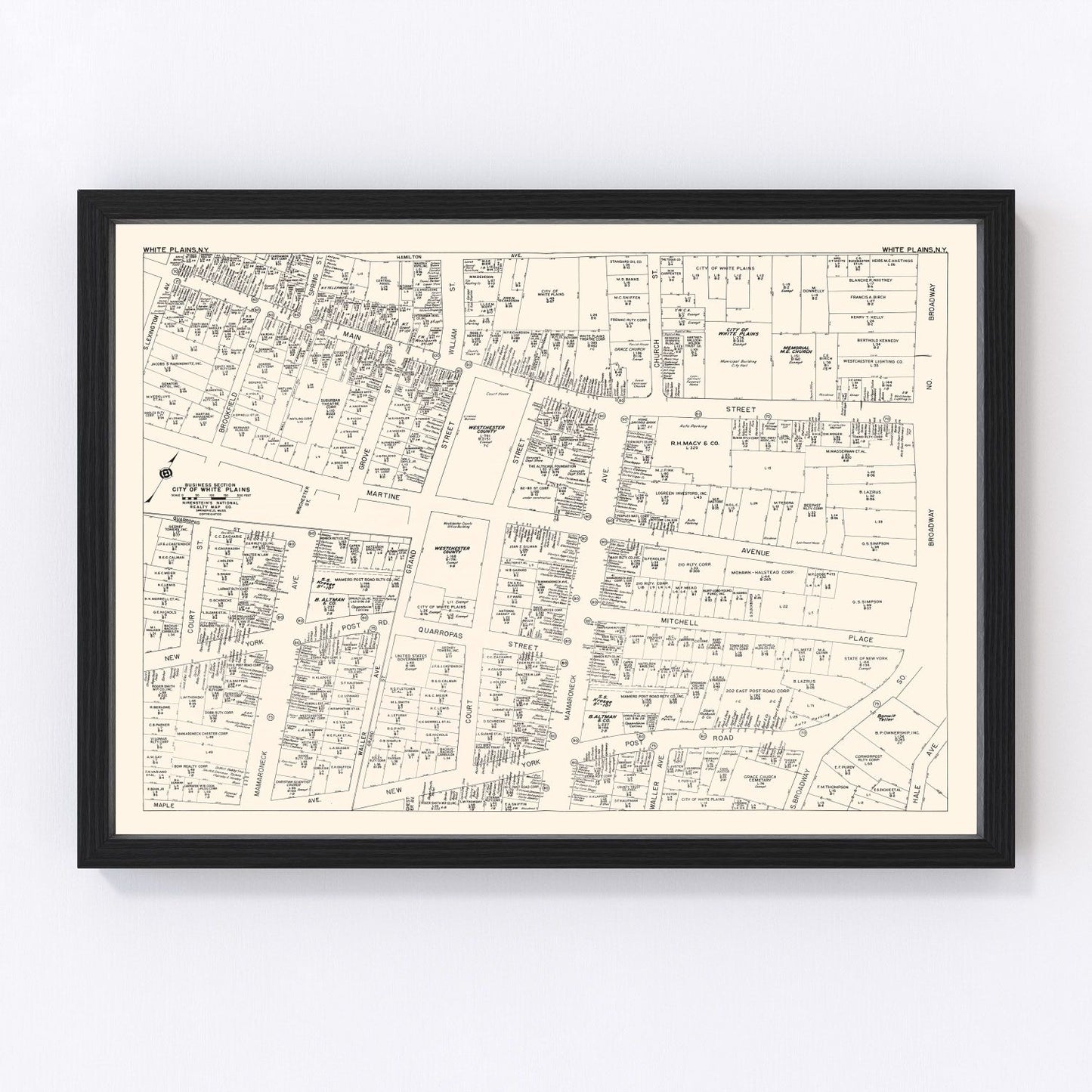 Vintage map of White Plains NY business section, 1947 - downtown restored print