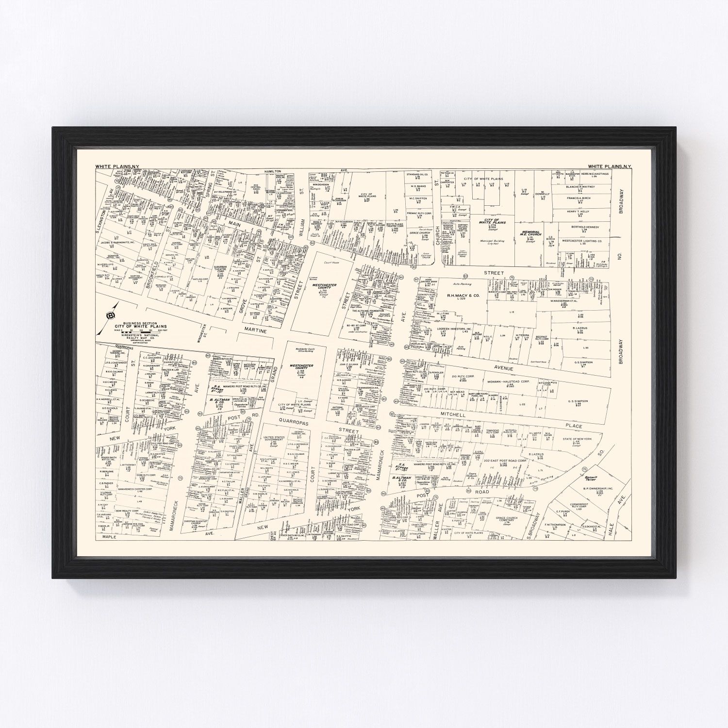 Vintage map of White Plains NY business section, 1947 - downtown restored print