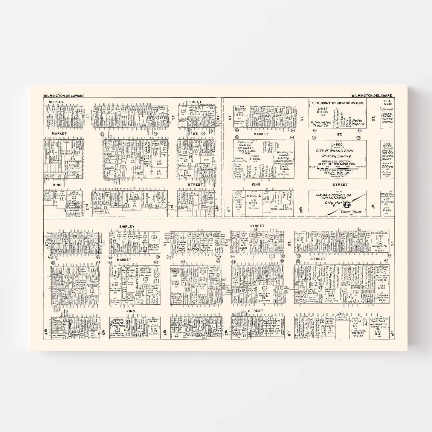 Vintage Map of Wilmington, Delaware Business Section, 1947