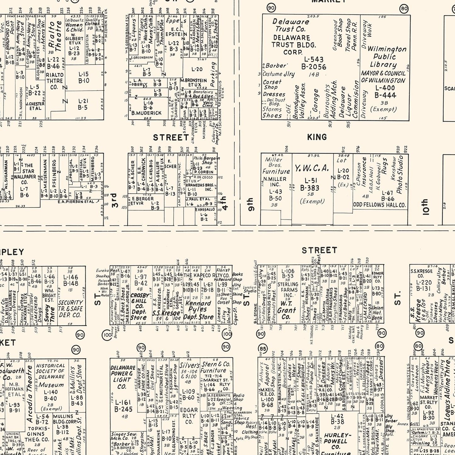 Vintage Map of Wilmington, Delaware Business Section, 1947