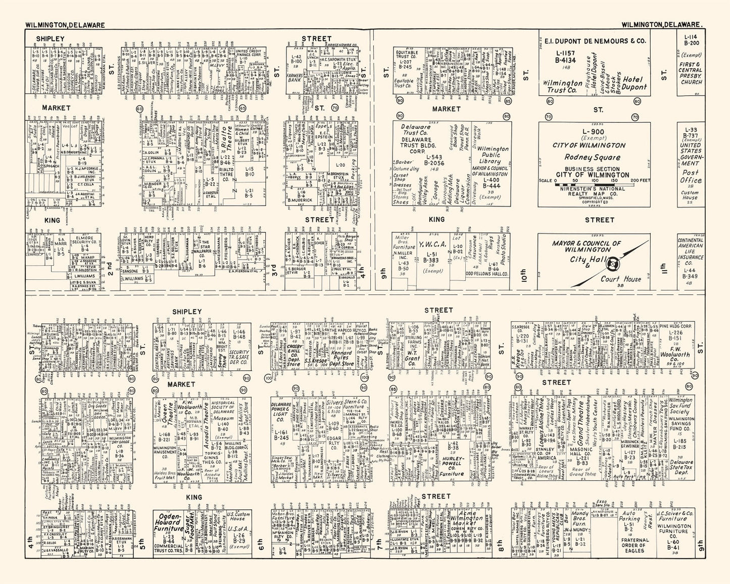 Vintage Map of Wilmington, Delaware Business Section, 1947