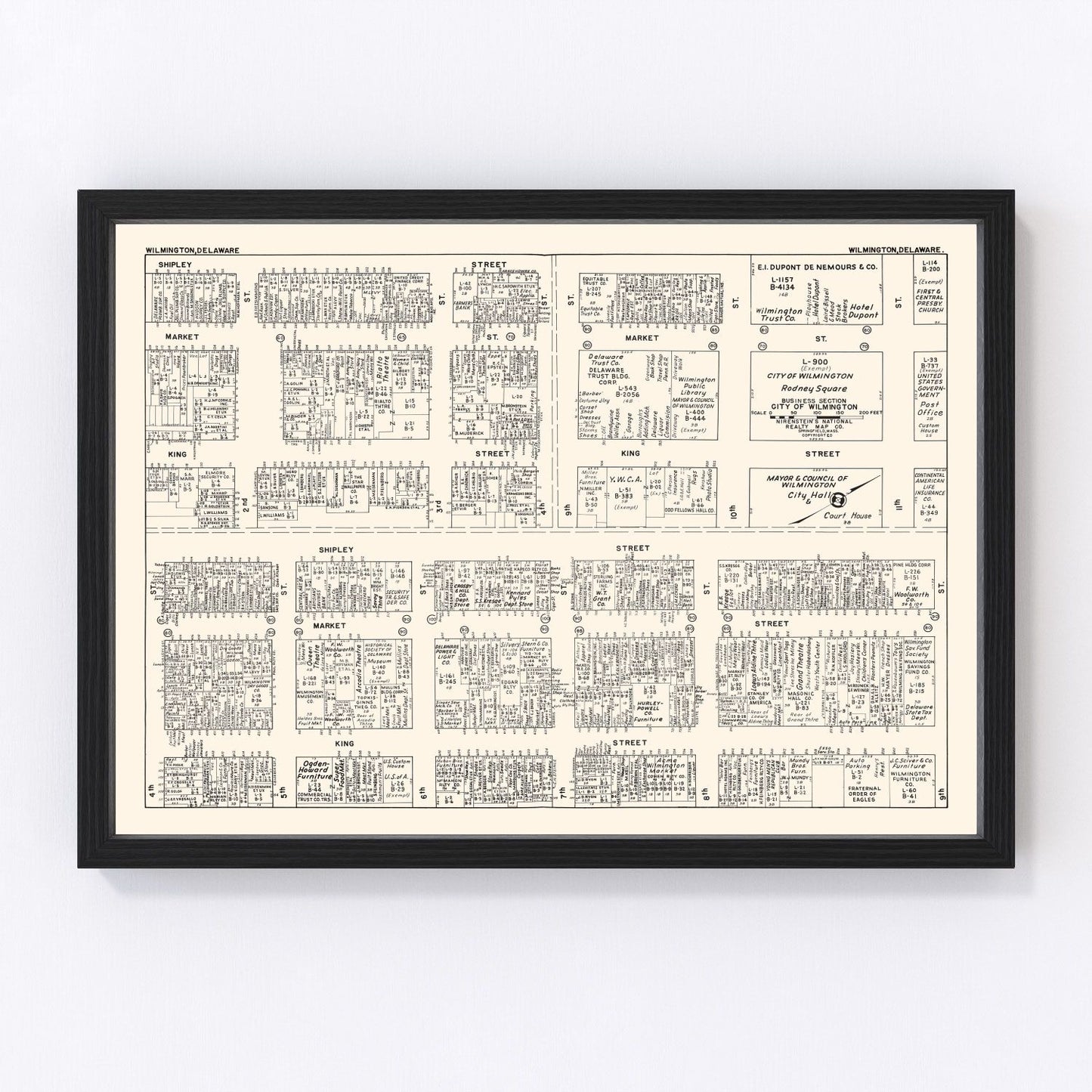 Vintage map of Wilmington, Delaware business section, 1947