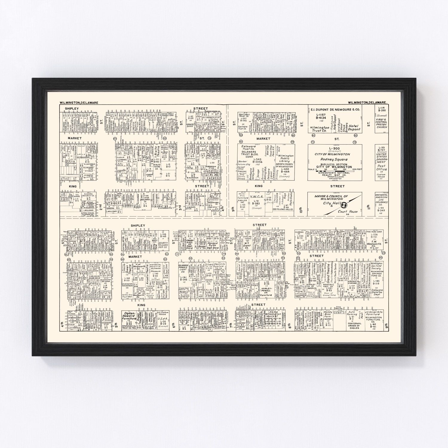 Vintage map of Wilmington, Delaware business section, 1947