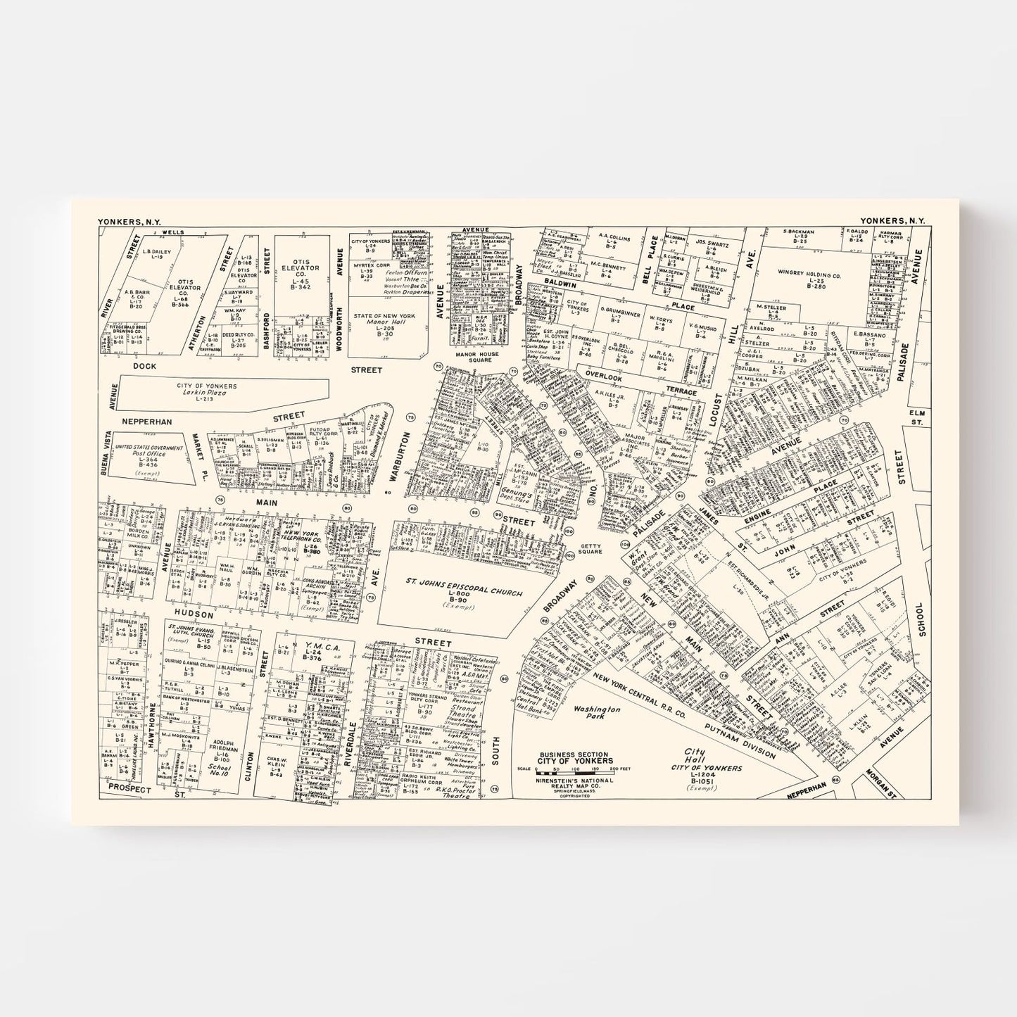 Vintage Map of Yonkers, NY Business Section, 1947