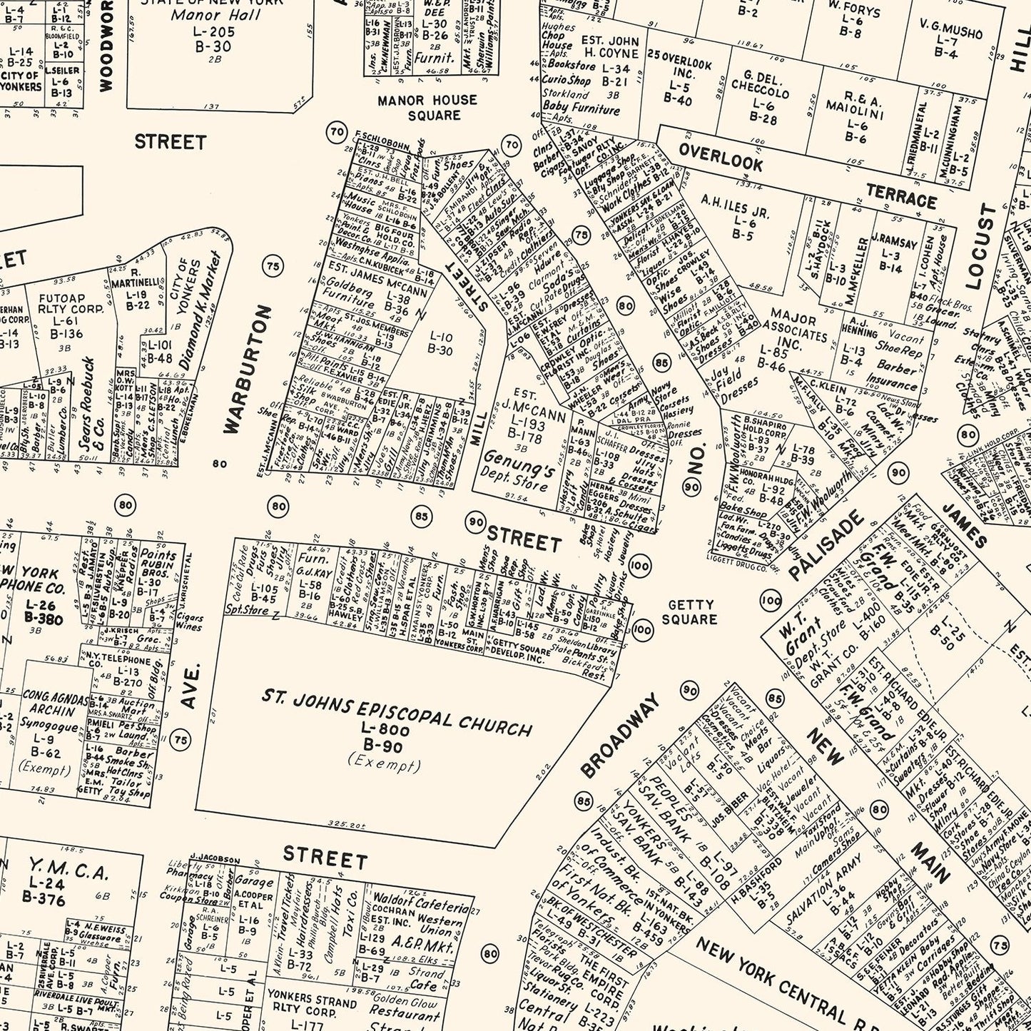 Vintage Map of Yonkers, NY Business Section, 1947