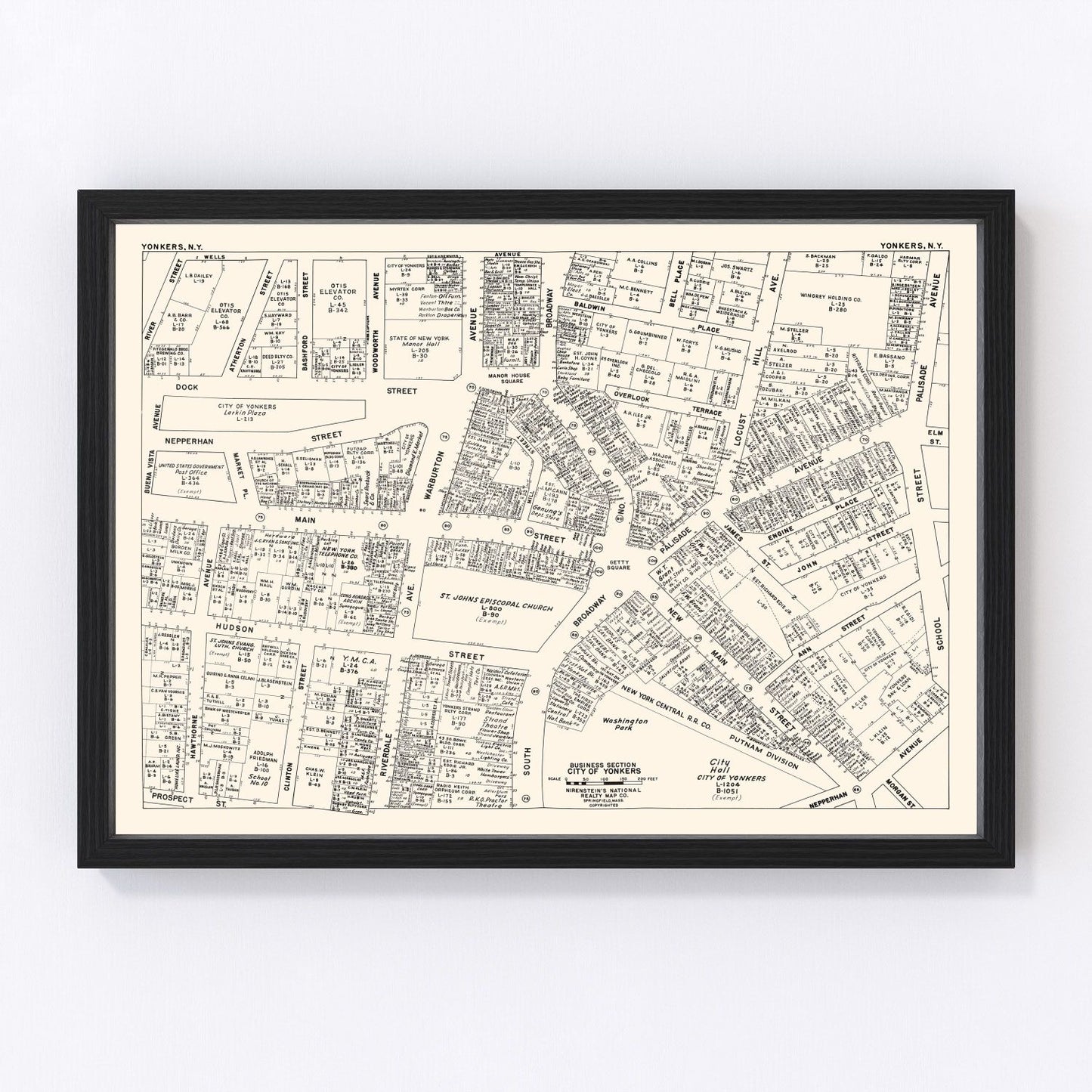 Vintage 1947 Yonkers New York business section map, digitally restored print