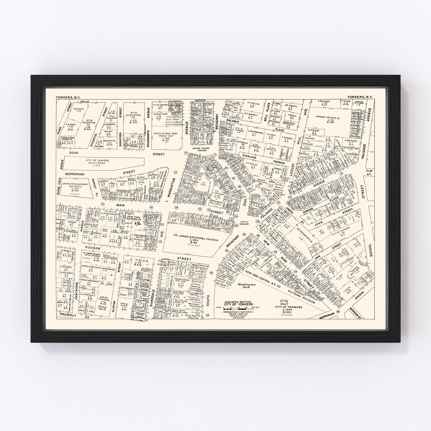 Vintage 1947 Yonkers New York business section map, digitally restored print