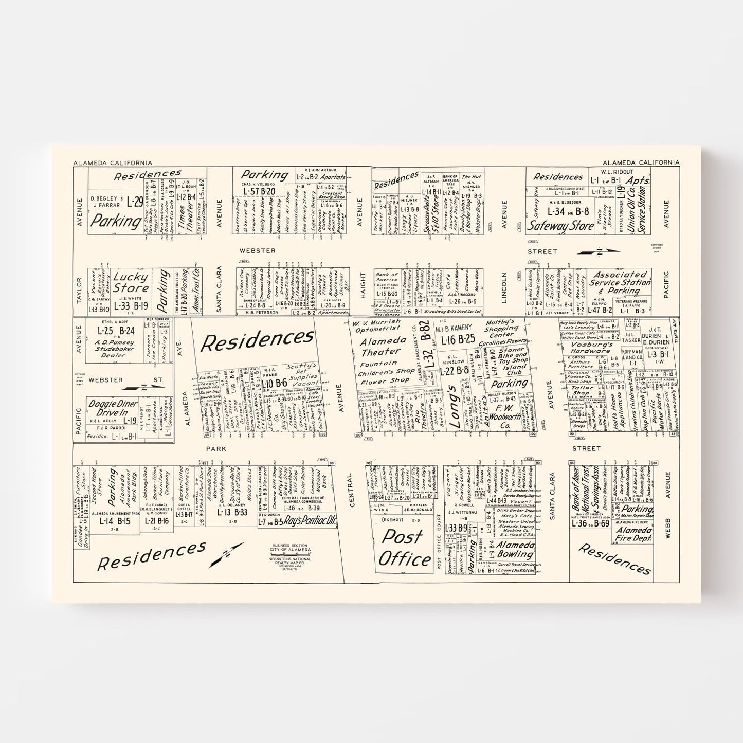Vintage Map of Alameda, CA Business Section, 1952