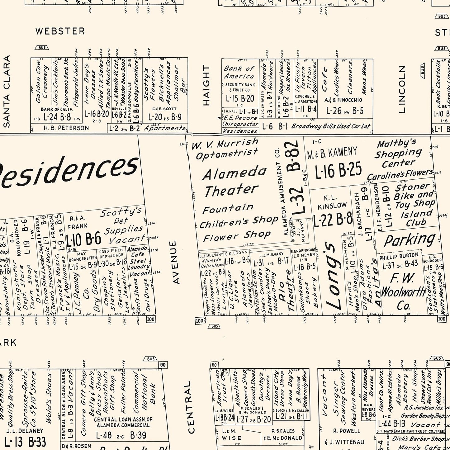 Vintage Map of Alameda, CA Business Section, 1952