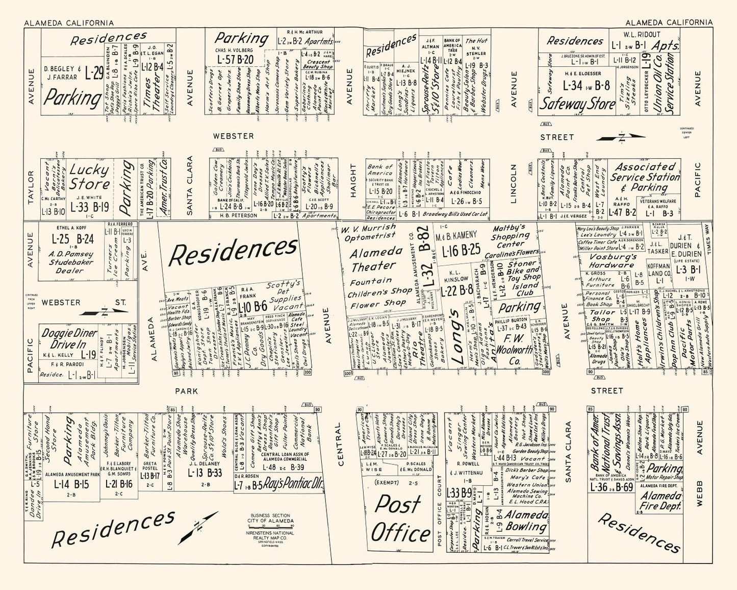 Vintage Map of Alameda, CA Business Section, 1952