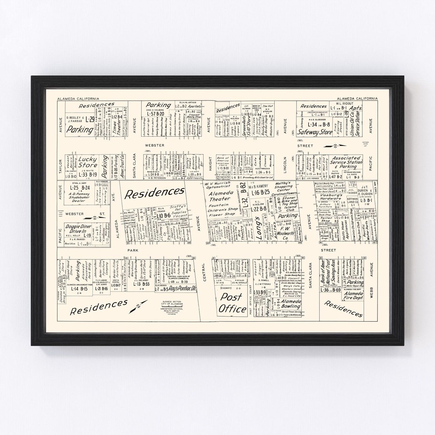 Vintage map of Alameda, CA business section, 1952 - restored print