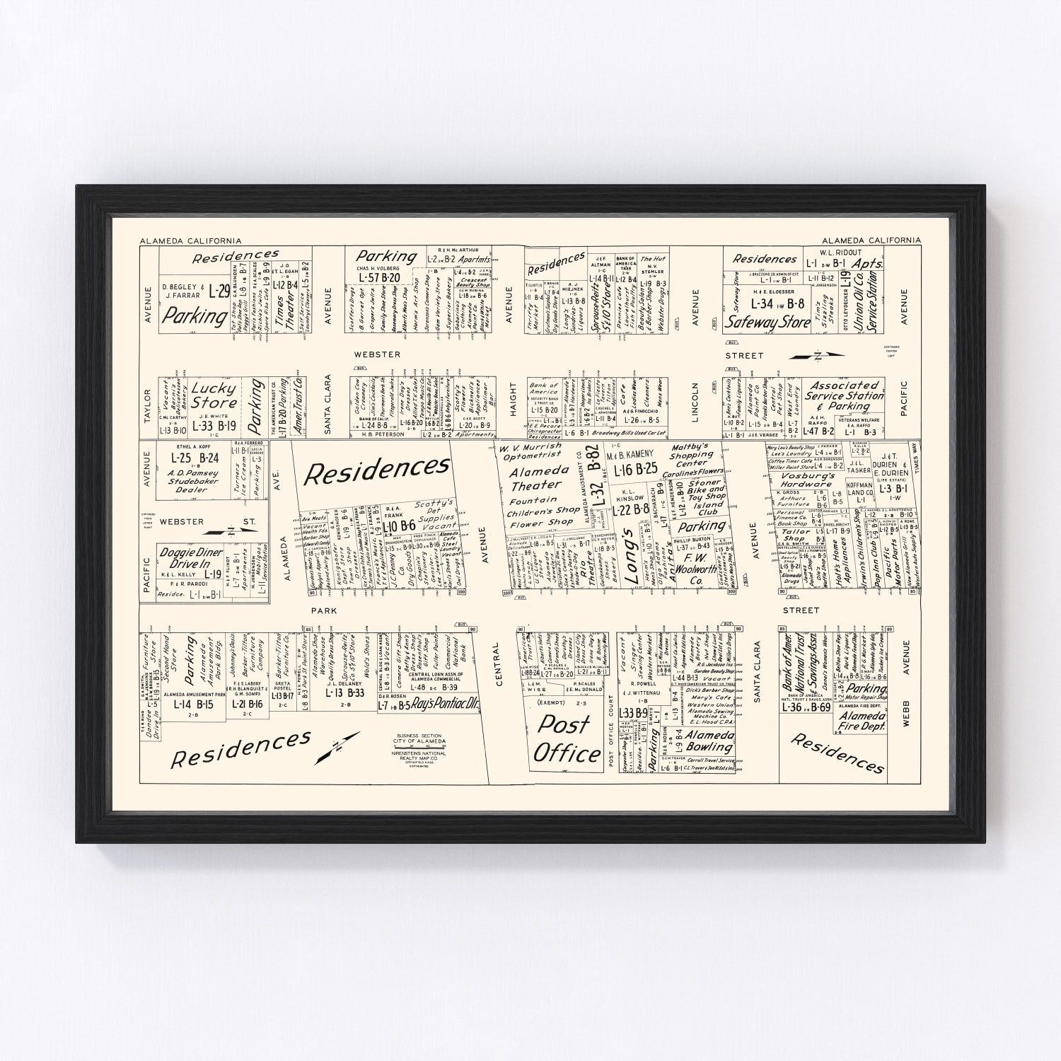 Vintage map of Alameda, CA business section, 1952 - restored print