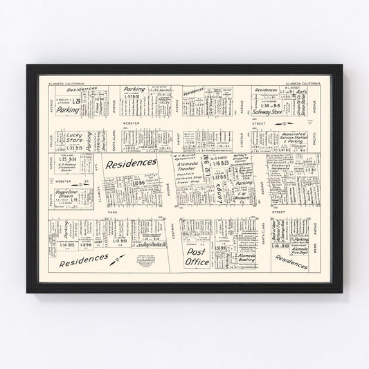 Vintage map of Alameda, CA business section, 1952 - restored print