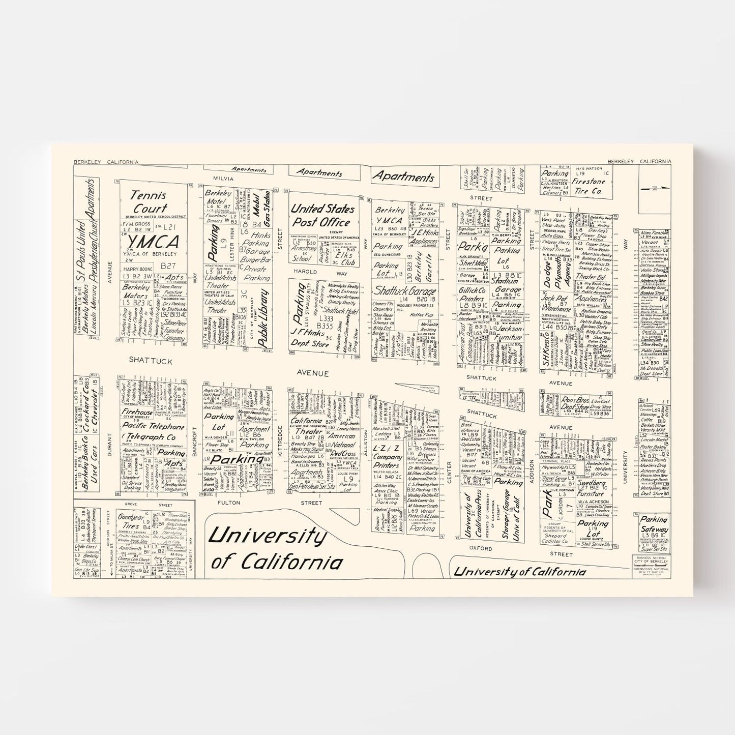 Vintage Map of Berkeley, California, Business District, 1952