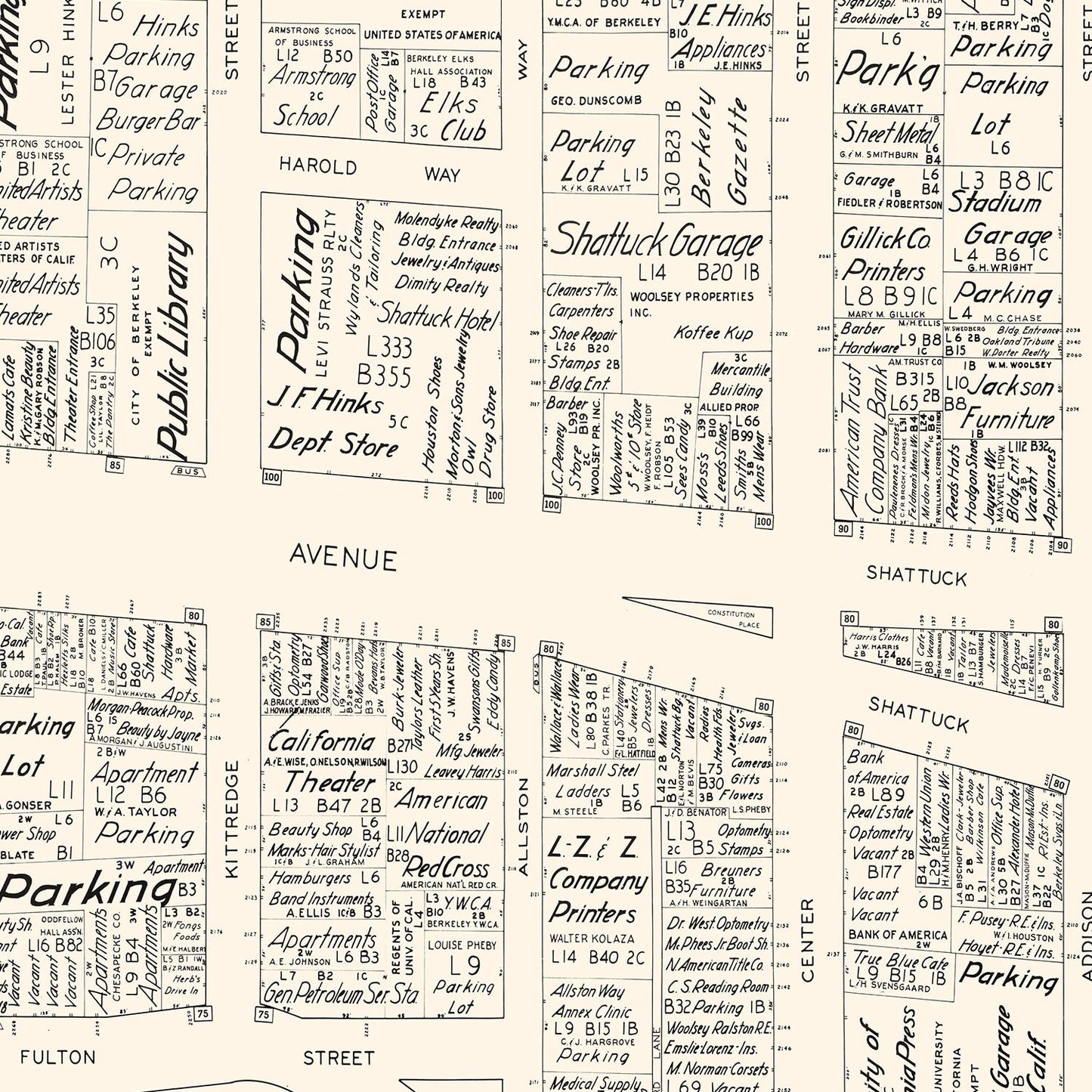 Vintage Map of Berkeley, California, Business District, 1952